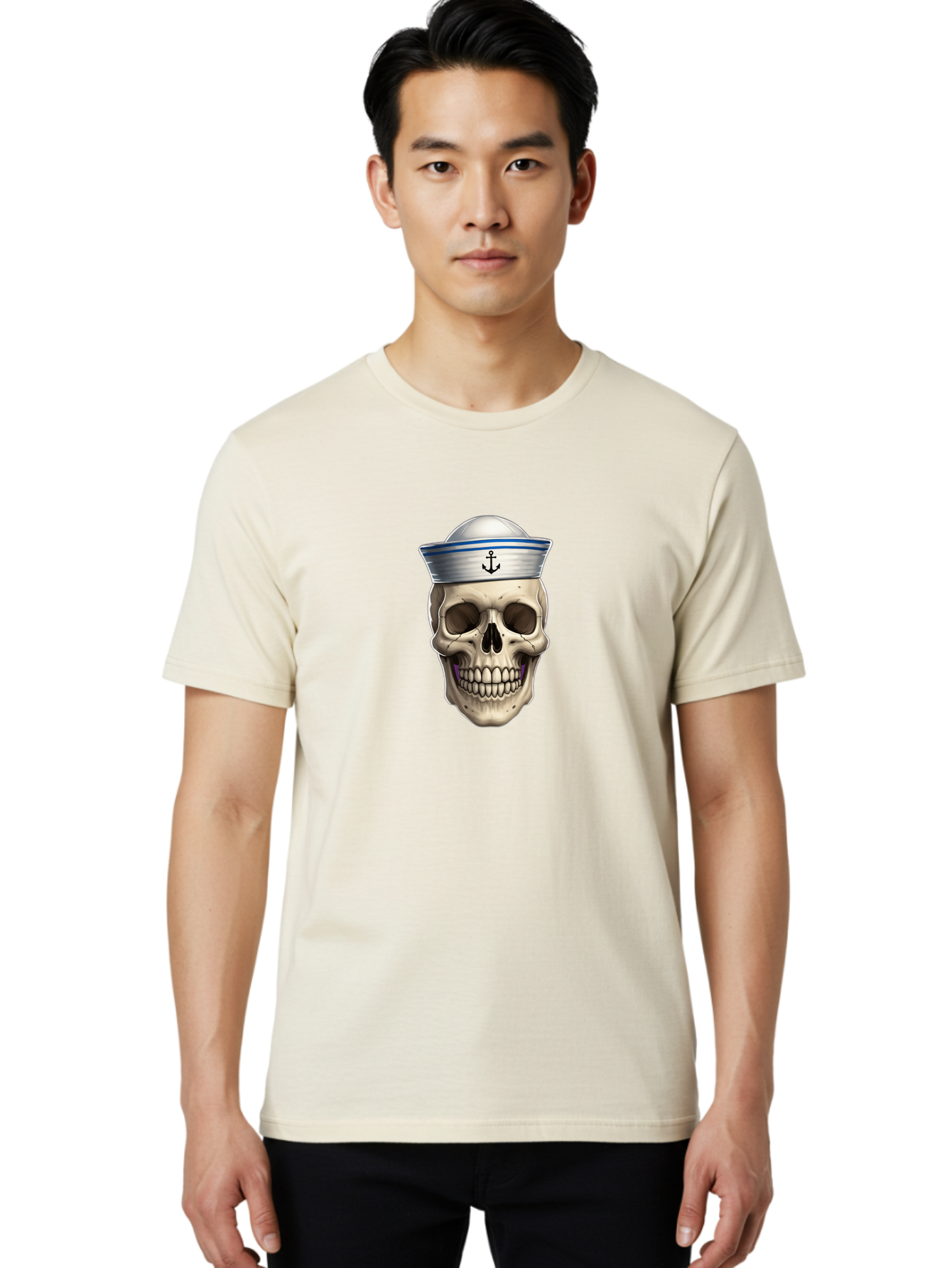 Skull-With-Sailor-Hat Men'S Graphic Tee, 100% Cotton, Comfortable Casual Summer Wear, Machine Washable, Sailor Skull, Human Skull, Sailor Hat, Anchor Symbol, Gothic Style, Grunge Aesthetic, Edgy Design, Bold Illustration Bae281