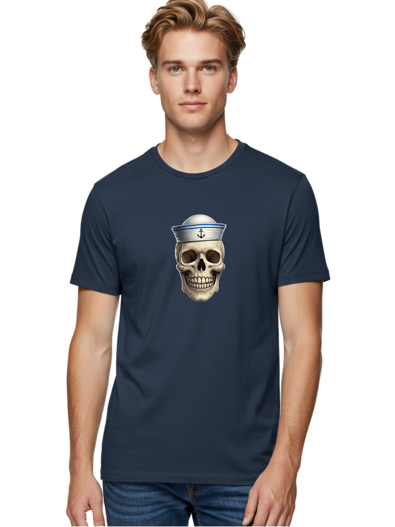 Skull-With-Sailor-Hat Men'S Graphic Tee, 100% Cotton, Comfortable Casual Summer Wear, Machine Washable, Sailor Skull, Human Skull, Sailor Hat, Anchor Symbol, Gothic Style, Grunge Aesthetic, Edgy Design, Bold Illustration Bae281