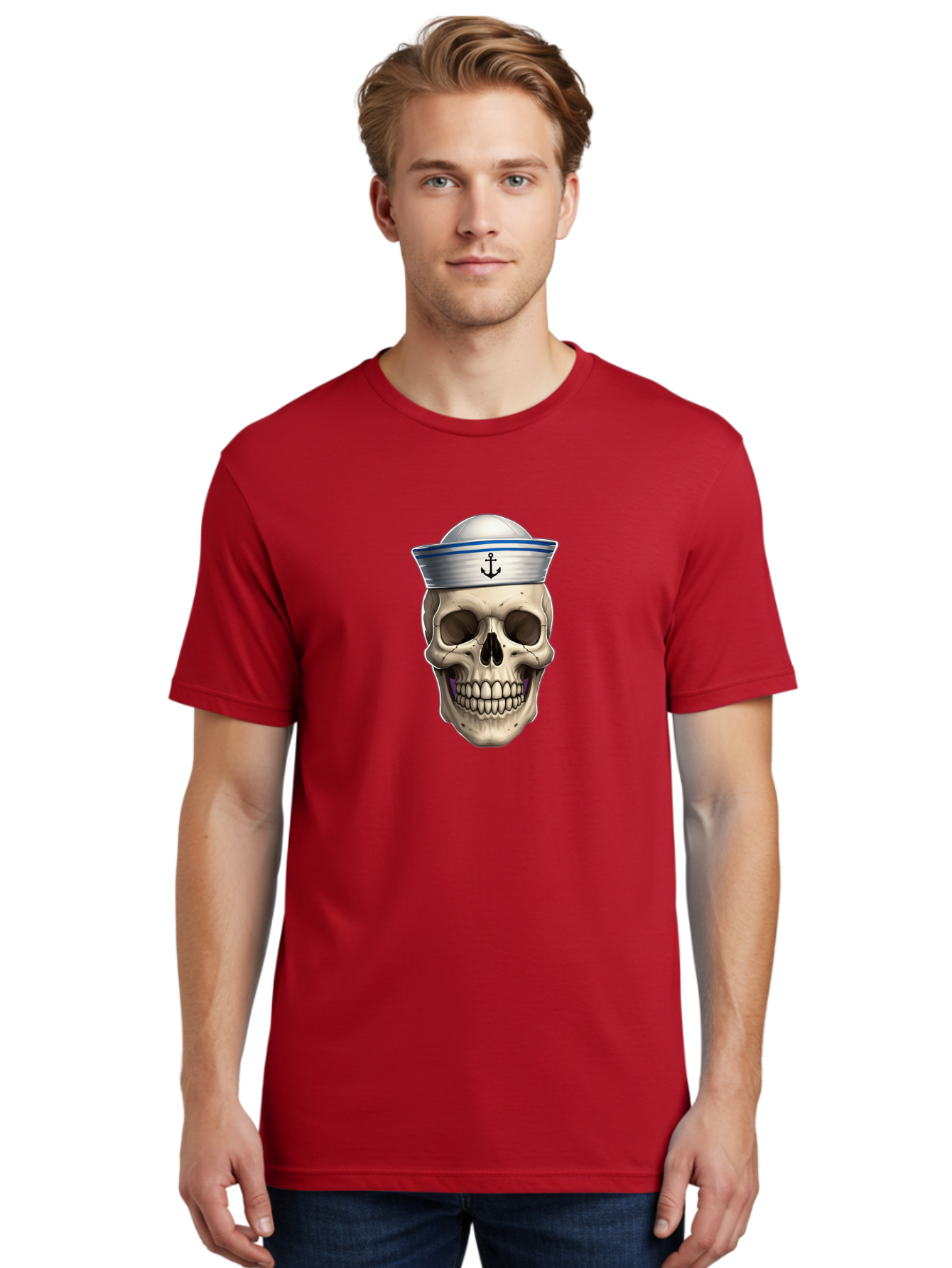 Skull-With-Sailor-Hat Men'S Graphic Tee, 100% Cotton, Comfortable Casual Summer Wear, Machine Washable, Sailor Skull, Human Skull, Sailor Hat, Anchor Symbol, Gothic Style, Grunge Aesthetic, Edgy Design, Bold Illustration Bae281
