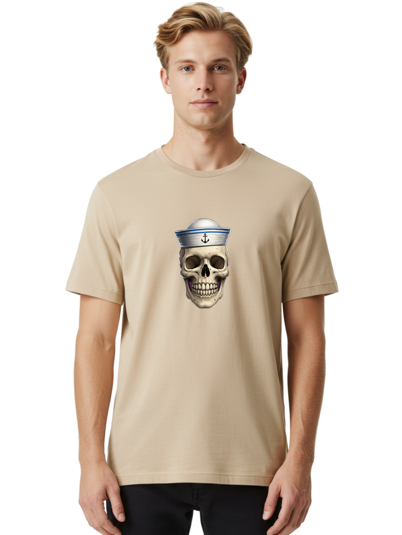 Skull-With-Sailor-Hat Men'S Graphic Tee, 100% Cotton, Comfortable Casual Summer Wear, Machine Washable, Sailor Skull, Human Skull, Sailor Hat, Anchor Symbol, Gothic Style, Grunge Aesthetic, Edgy Design, Bold Illustration Bae281