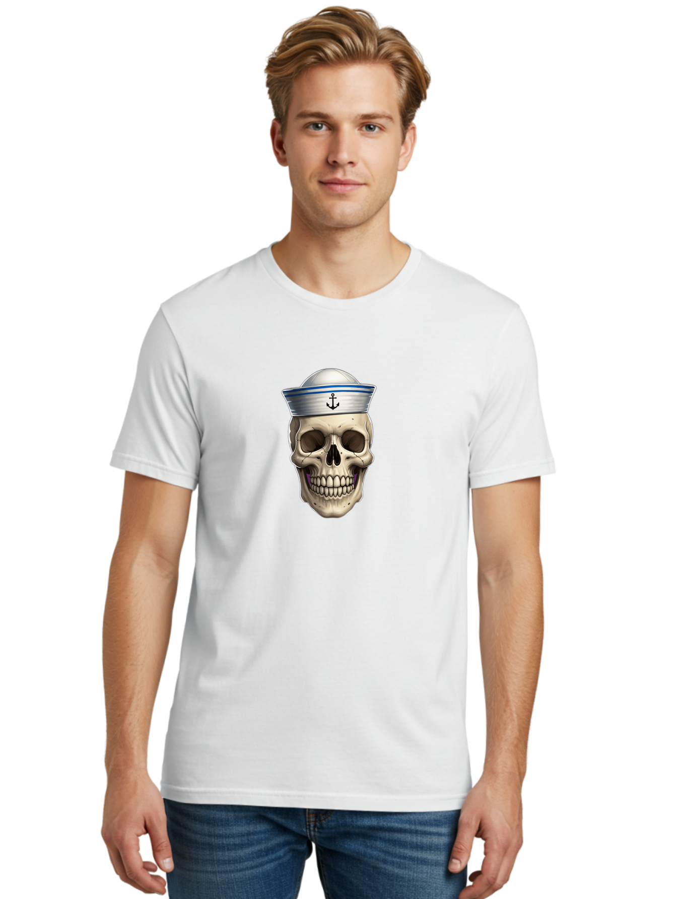 Skull-With-Sailor-Hat Men'S Graphic Tee, 100% Cotton, Comfortable Casual Summer Wear, Machine Washable, Sailor Skull, Human Skull, Sailor Hat, Anchor Symbol, Gothic Style, Grunge Aesthetic, Edgy Design, Bold Illustration Bae281