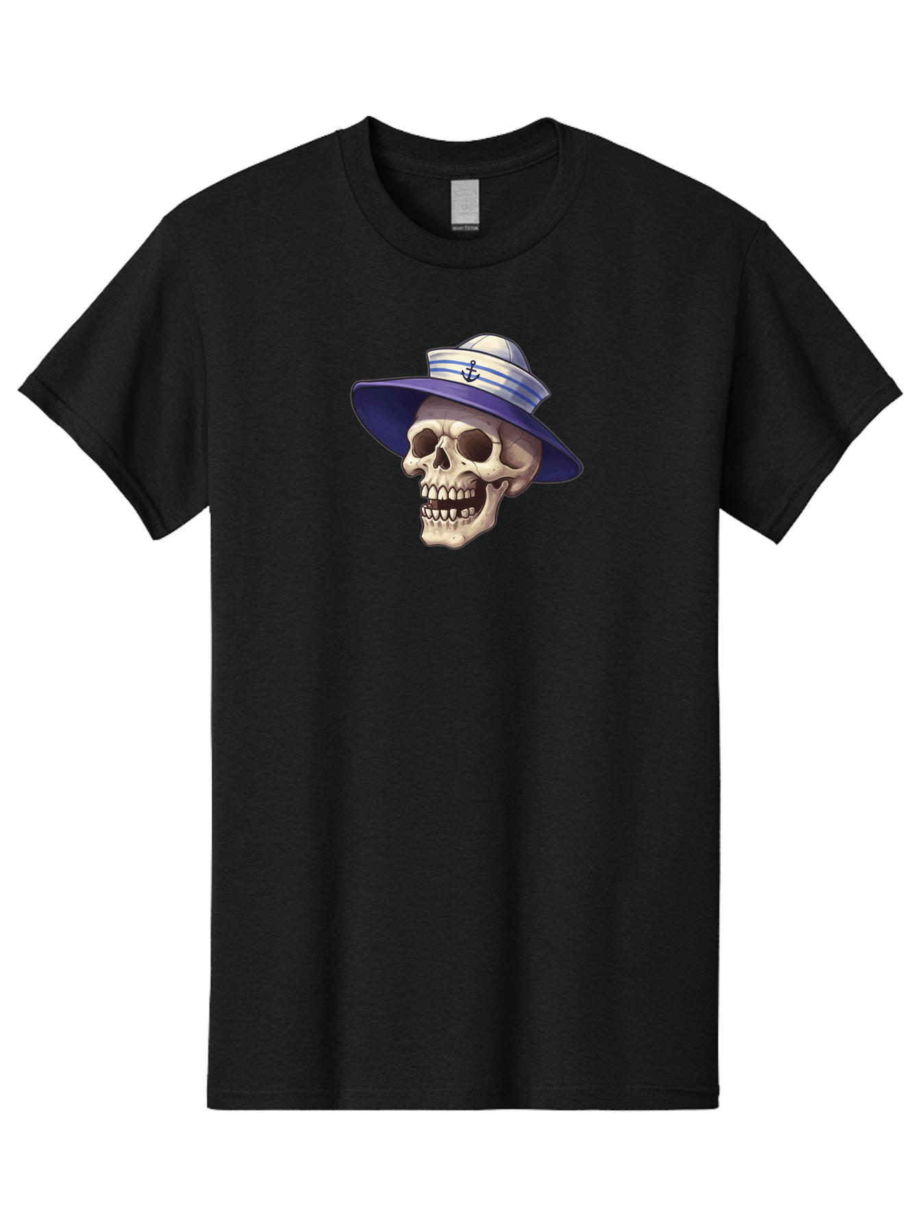 Skull-With-Sun-Hat Men'S Graphic Tee, 100% Cotton, Comfortable Casual Summer Wear, Machine Washable, Skull Wearing Sailor Hat, Anchor Emblem, Nautical Theme, Cartoon Style, Human Skull, Sailor Hat With Blue Stripes Bae282