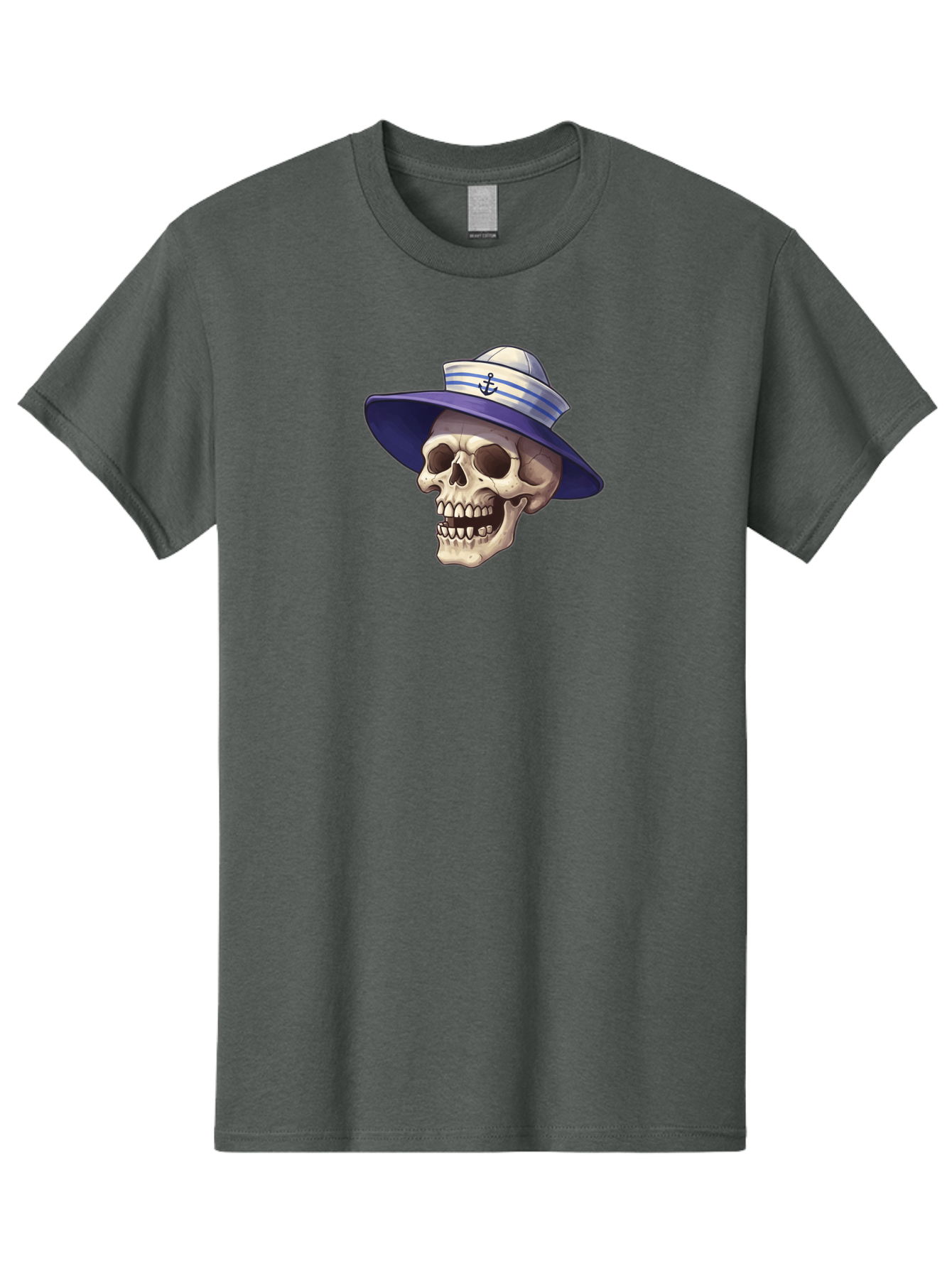 Skull-With-Sun-Hat Men'S Graphic Tee, 100% Cotton, Comfortable Casual Summer Wear, Machine Washable, Skull Wearing Sailor Hat, Anchor Emblem, Nautical Theme, Cartoon Style, Human Skull, Sailor Hat With Blue Stripes Bae282