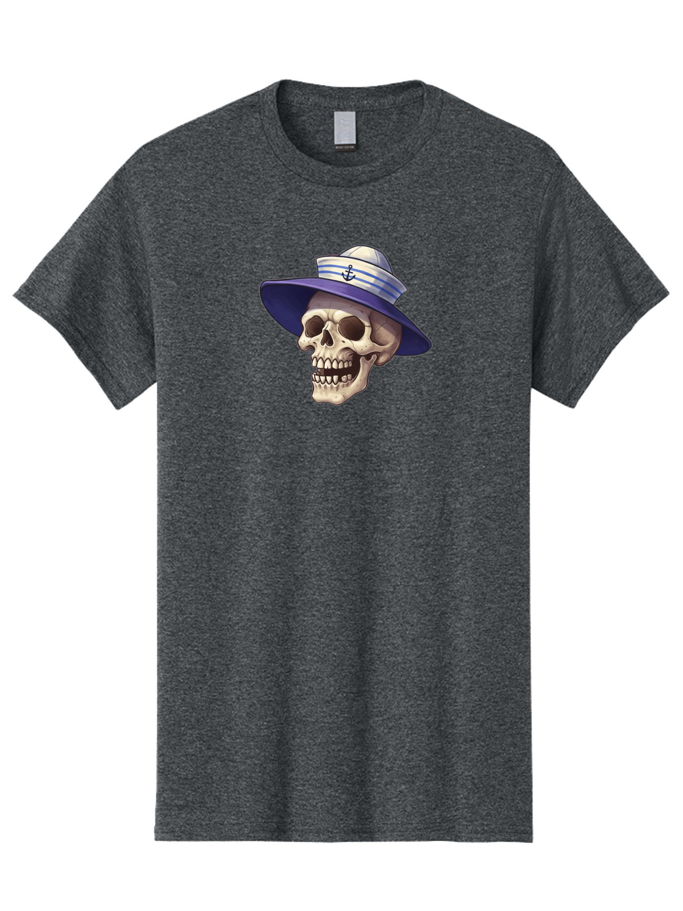 Skull-With-Sun-Hat Men'S Graphic Tee, 100% Cotton, Comfortable Casual Summer Wear, Machine Washable, Skull Wearing Sailor Hat, Anchor Emblem, Nautical Theme, Cartoon Style, Human Skull, Sailor Hat With Blue Stripes Bae282