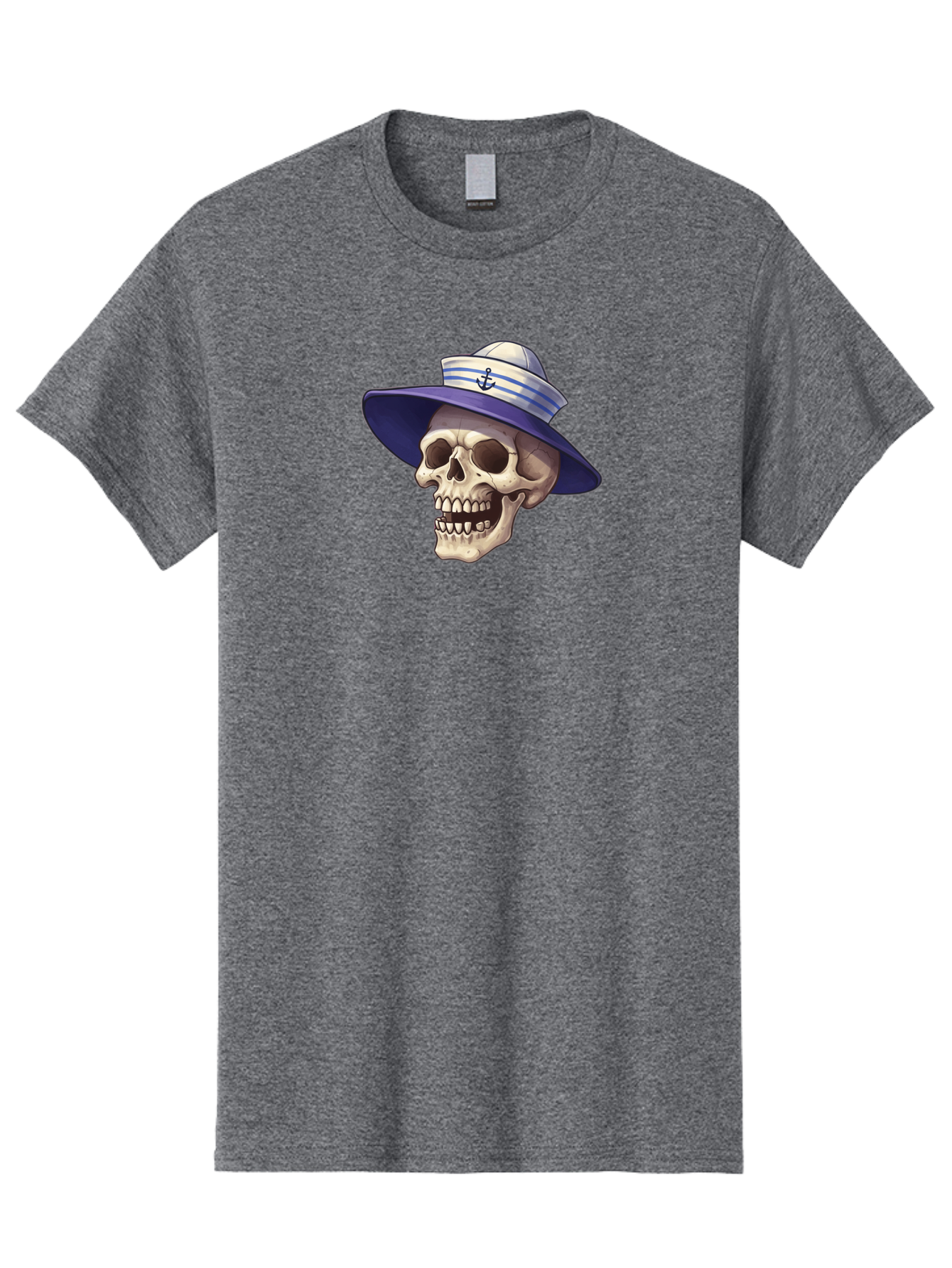 Skull-With-Sun-Hat Men'S Graphic Tee, 100% Cotton, Comfortable Casual Summer Wear, Machine Washable, Skull Wearing Sailor Hat, Anchor Emblem, Nautical Theme, Cartoon Style, Human Skull, Sailor Hat With Blue Stripes Bae282