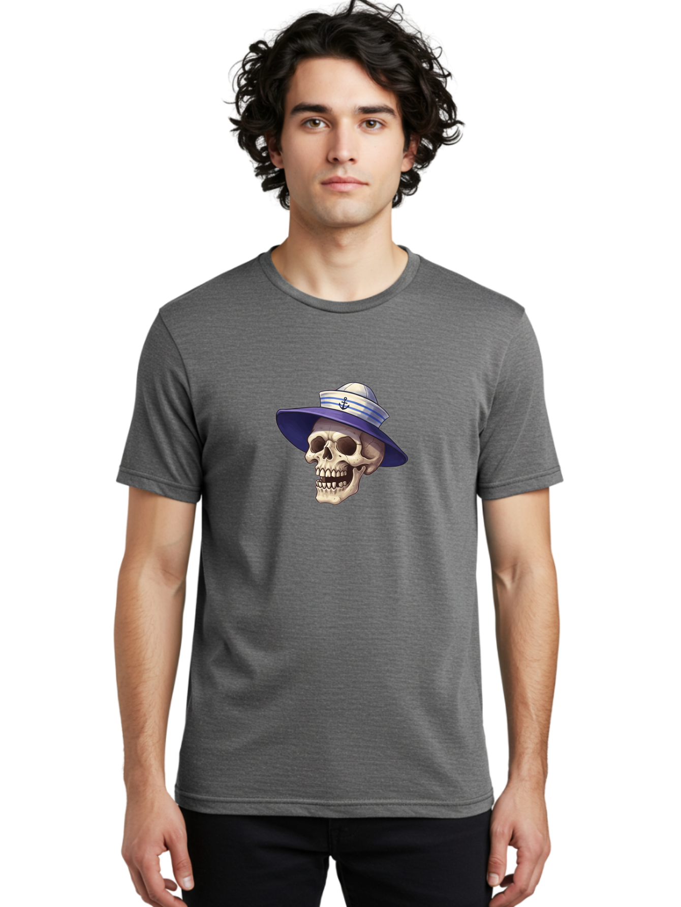 Skull-With-Sun-Hat Men'S Graphic Tee, 100% Cotton, Comfortable Casual Summer Wear, Machine Washable, Skull Wearing Sailor Hat, Anchor Emblem, Nautical Theme, Cartoon Style, Human Skull, Sailor Hat With Blue Stripes Bae282