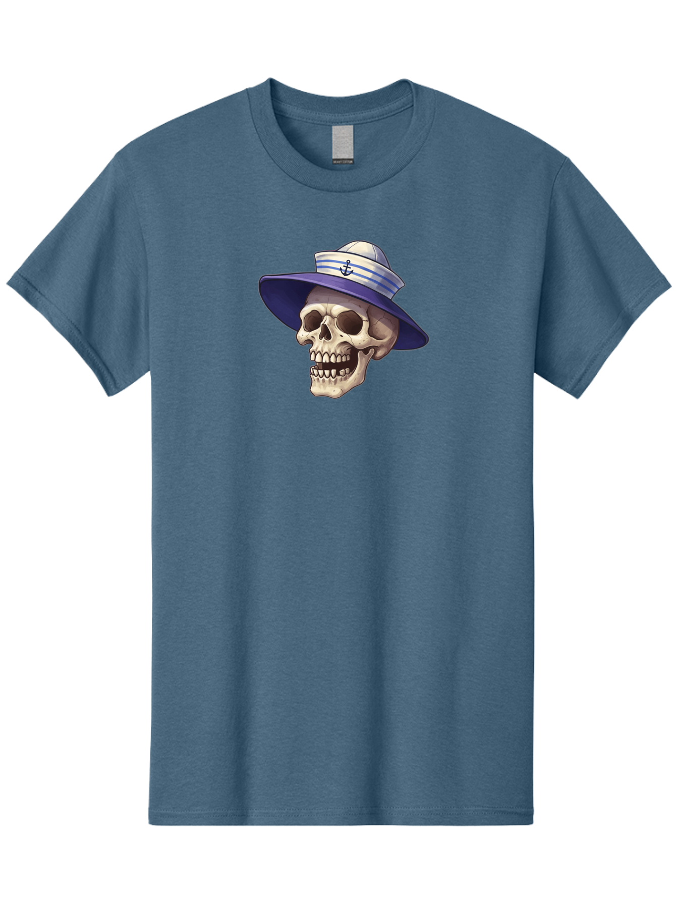 Skull-With-Sun-Hat Men'S Graphic Tee, 100% Cotton, Comfortable Casual Summer Wear, Machine Washable, Skull Wearing Sailor Hat, Anchor Emblem, Nautical Theme, Cartoon Style, Human Skull, Sailor Hat With Blue Stripes Bae282