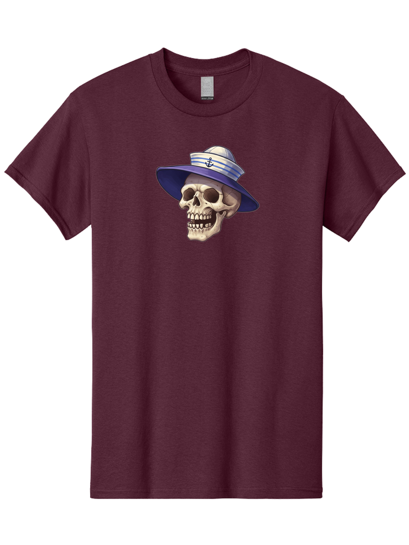 Skull-With-Sun-Hat Men'S Graphic Tee, 100% Cotton, Comfortable Casual Summer Wear, Machine Washable, Skull Wearing Sailor Hat, Anchor Emblem, Nautical Theme, Cartoon Style, Human Skull, Sailor Hat With Blue Stripes Bae282
