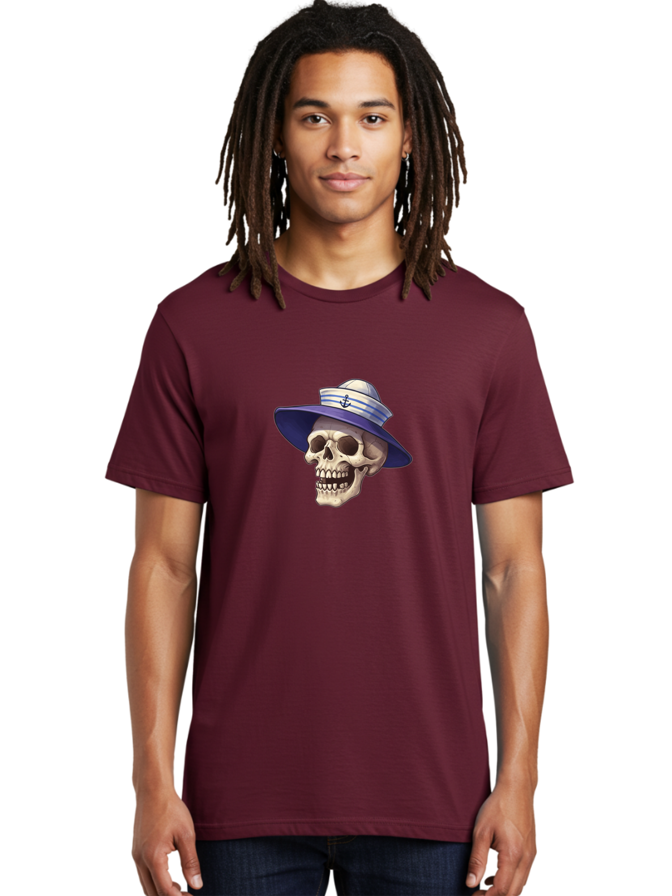 Skull-With-Sun-Hat Men'S Graphic Tee, 100% Cotton, Comfortable Casual Summer Wear, Machine Washable, Skull Wearing Sailor Hat, Anchor Emblem, Nautical Theme, Cartoon Style, Human Skull, Sailor Hat With Blue Stripes Bae282