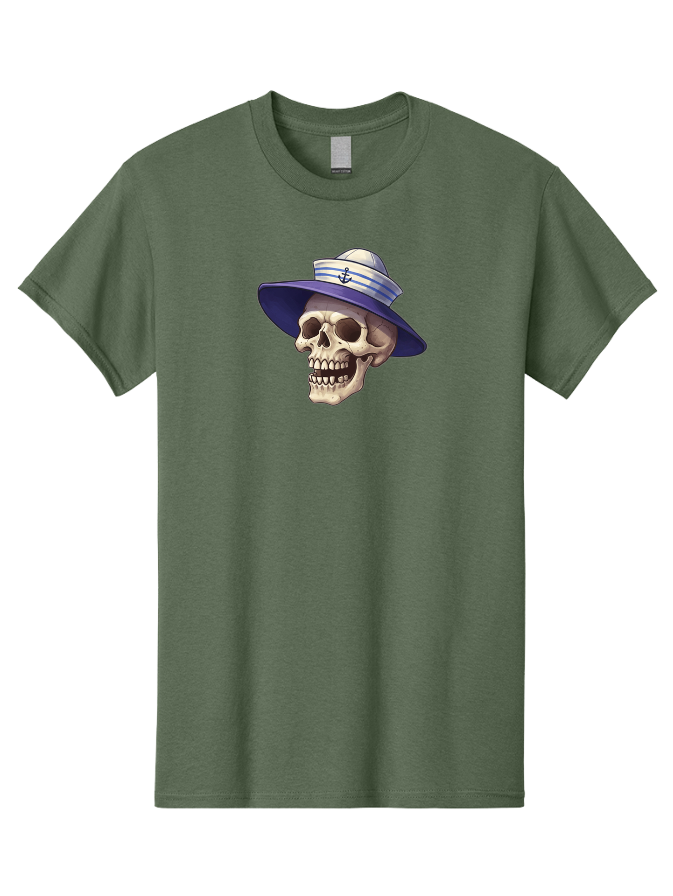 Skull-With-Sun-Hat Men'S Graphic Tee, 100% Cotton, Comfortable Casual Summer Wear, Machine Washable, Skull Wearing Sailor Hat, Anchor Emblem, Nautical Theme, Cartoon Style, Human Skull, Sailor Hat With Blue Stripes Bae282