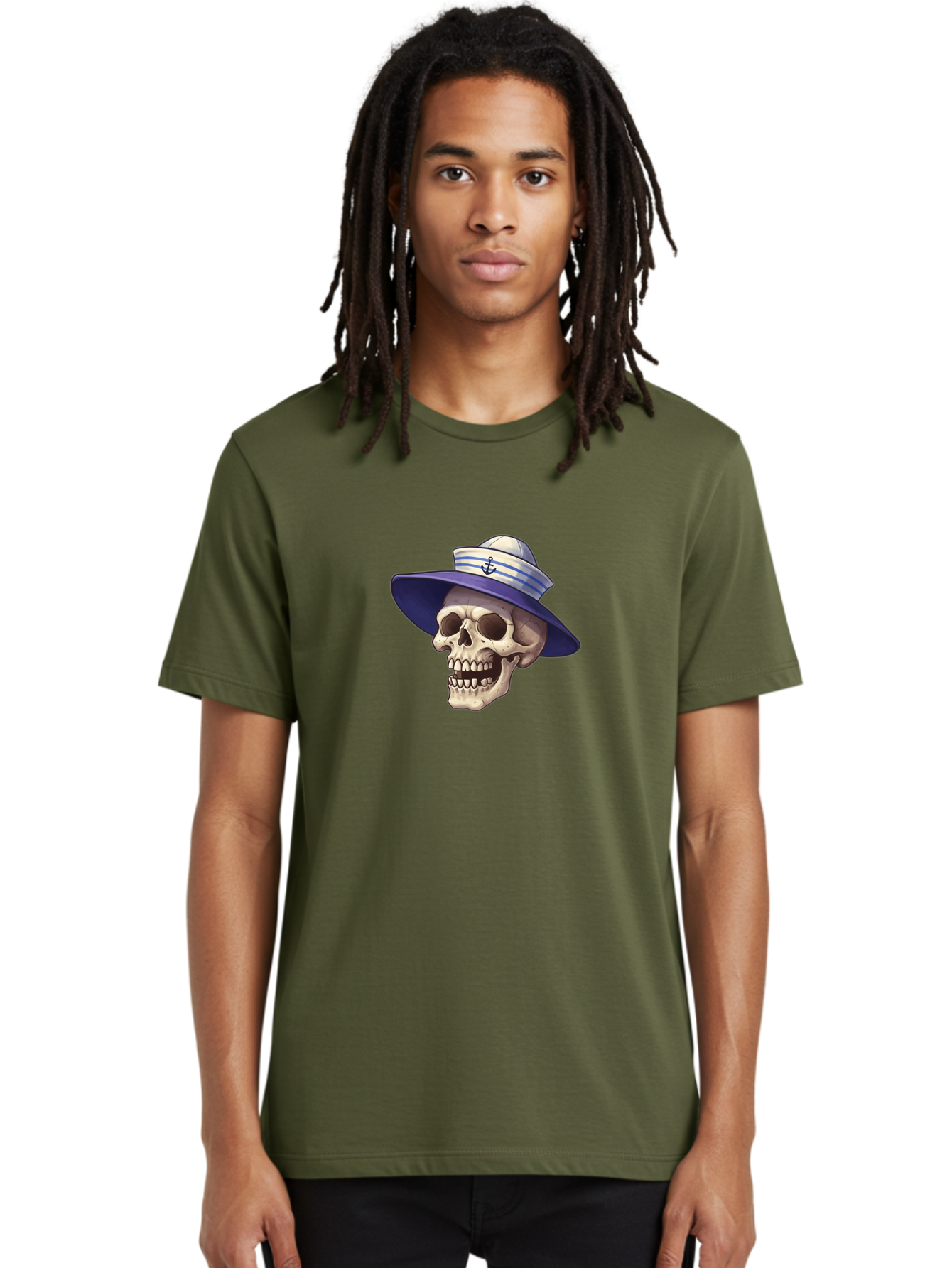 Skull-With-Sun-Hat Men'S Graphic Tee, 100% Cotton, Comfortable Casual Summer Wear, Machine Washable, Skull Wearing Sailor Hat, Anchor Emblem, Nautical Theme, Cartoon Style, Human Skull, Sailor Hat With Blue Stripes Bae282