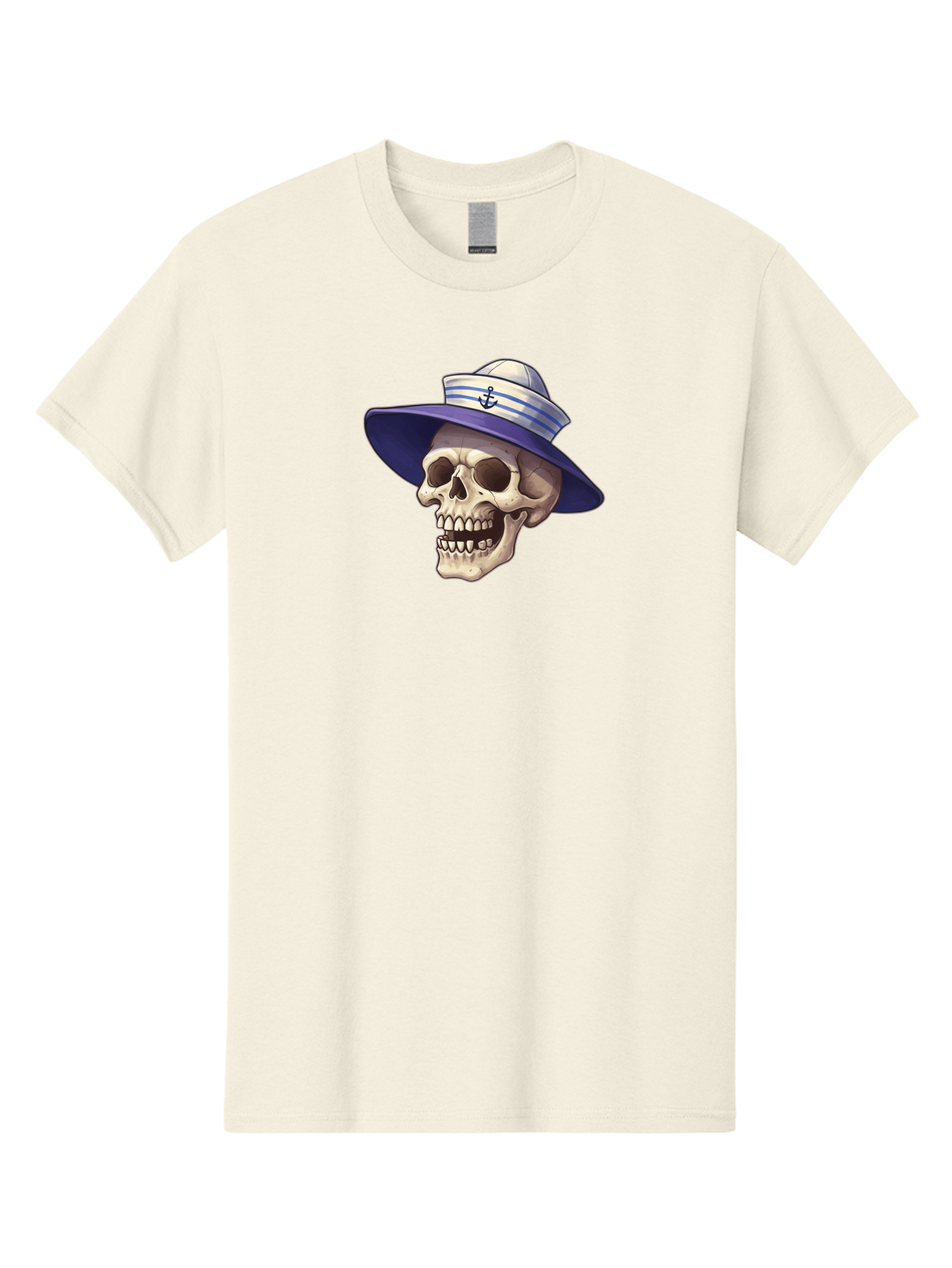Skull-With-Sun-Hat Men'S Graphic Tee, 100% Cotton, Comfortable Casual Summer Wear, Machine Washable, Skull Wearing Sailor Hat, Anchor Emblem, Nautical Theme, Cartoon Style, Human Skull, Sailor Hat With Blue Stripes Bae282