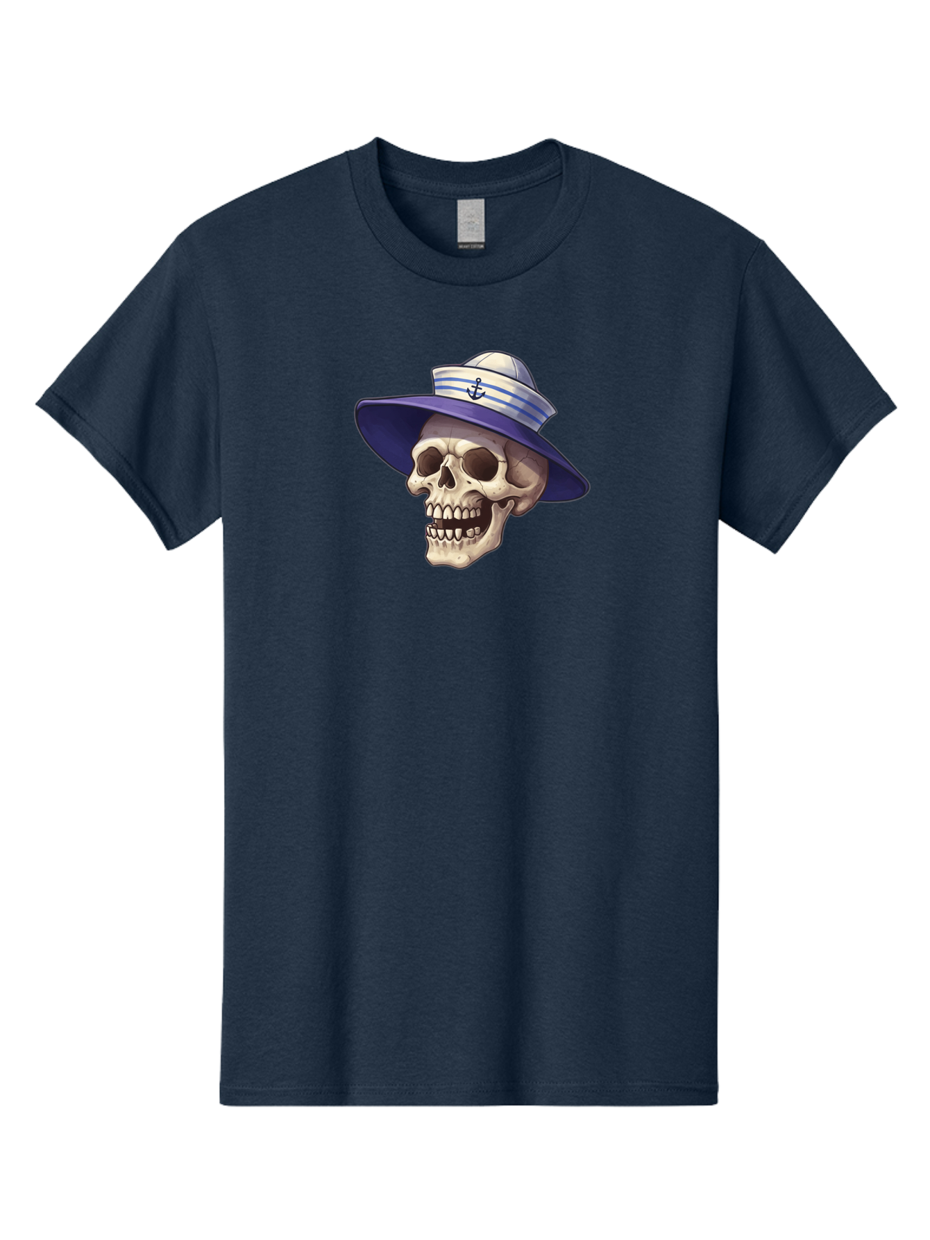 Skull-With-Sun-Hat Men'S Graphic Tee, 100% Cotton, Comfortable Casual Summer Wear, Machine Washable, Skull Wearing Sailor Hat, Anchor Emblem, Nautical Theme, Cartoon Style, Human Skull, Sailor Hat With Blue Stripes Bae282