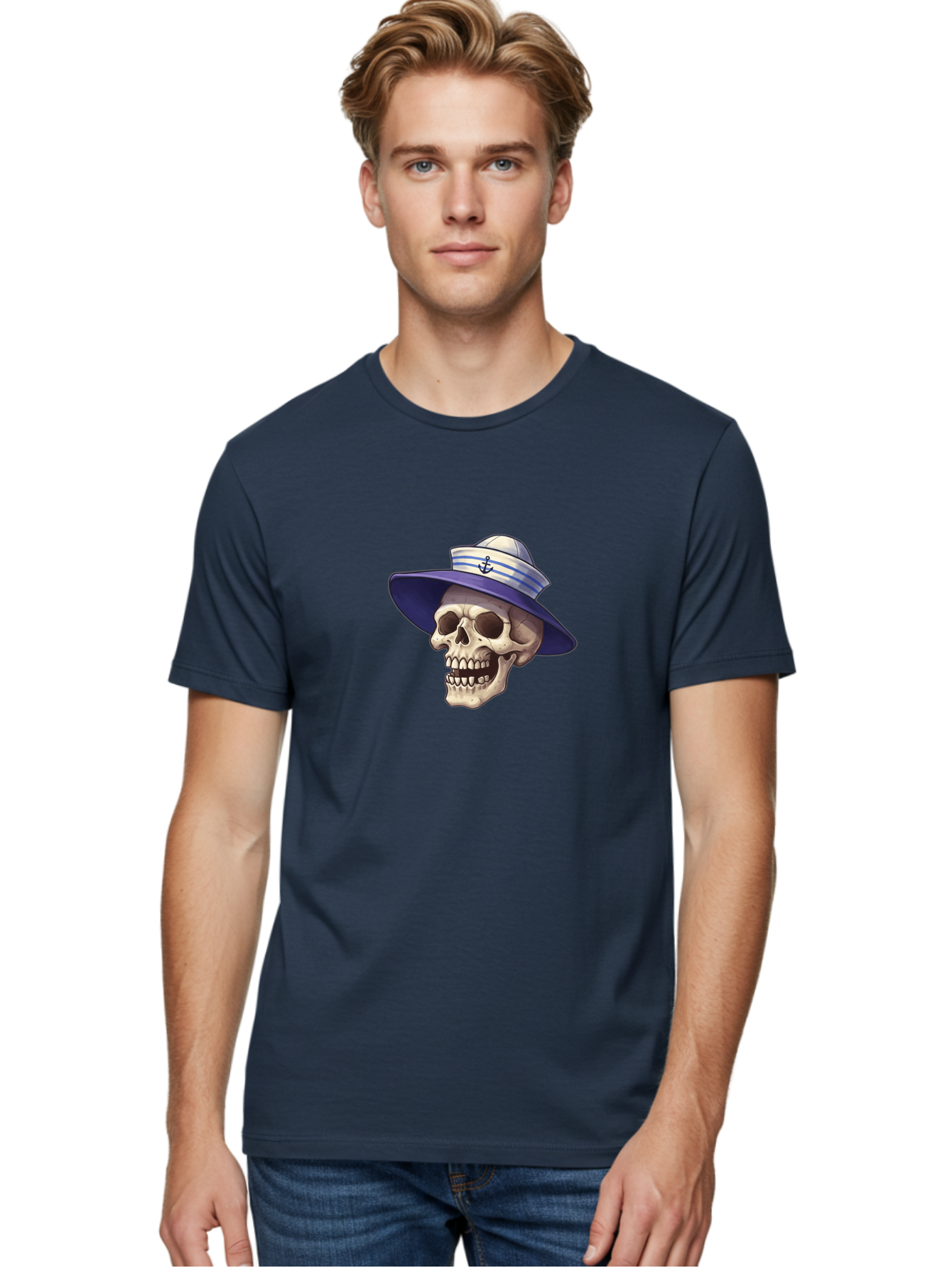 Skull-With-Sun-Hat Men'S Graphic Tee, 100% Cotton, Comfortable Casual Summer Wear, Machine Washable, Skull Wearing Sailor Hat, Anchor Emblem, Nautical Theme, Cartoon Style, Human Skull, Sailor Hat With Blue Stripes Bae282