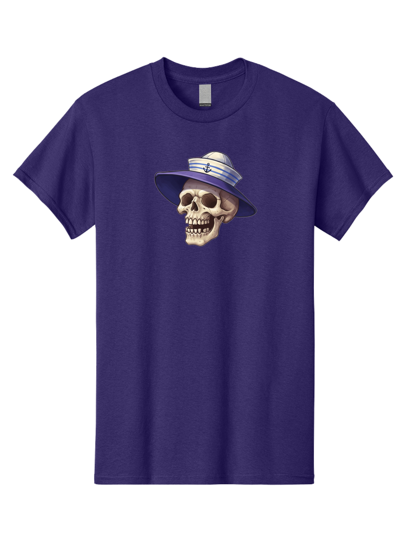 Skull-With-Sun-Hat Men'S Graphic Tee, 100% Cotton, Comfortable Casual Summer Wear, Machine Washable, Skull Wearing Sailor Hat, Anchor Emblem, Nautical Theme, Cartoon Style, Human Skull, Sailor Hat With Blue Stripes Bae282