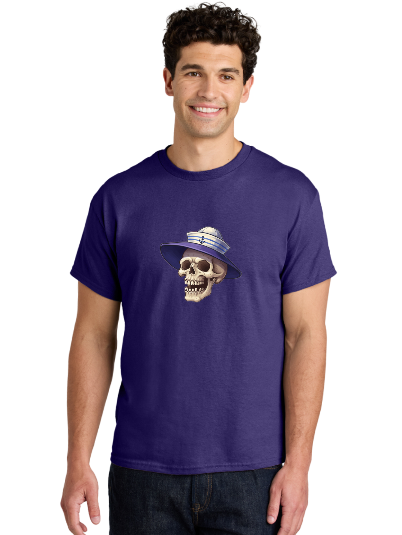 Skull-With-Sun-Hat Men'S Graphic Tee, 100% Cotton, Comfortable Casual Summer Wear, Machine Washable, Skull Wearing Sailor Hat, Anchor Emblem, Nautical Theme, Cartoon Style, Human Skull, Sailor Hat With Blue Stripes Bae282