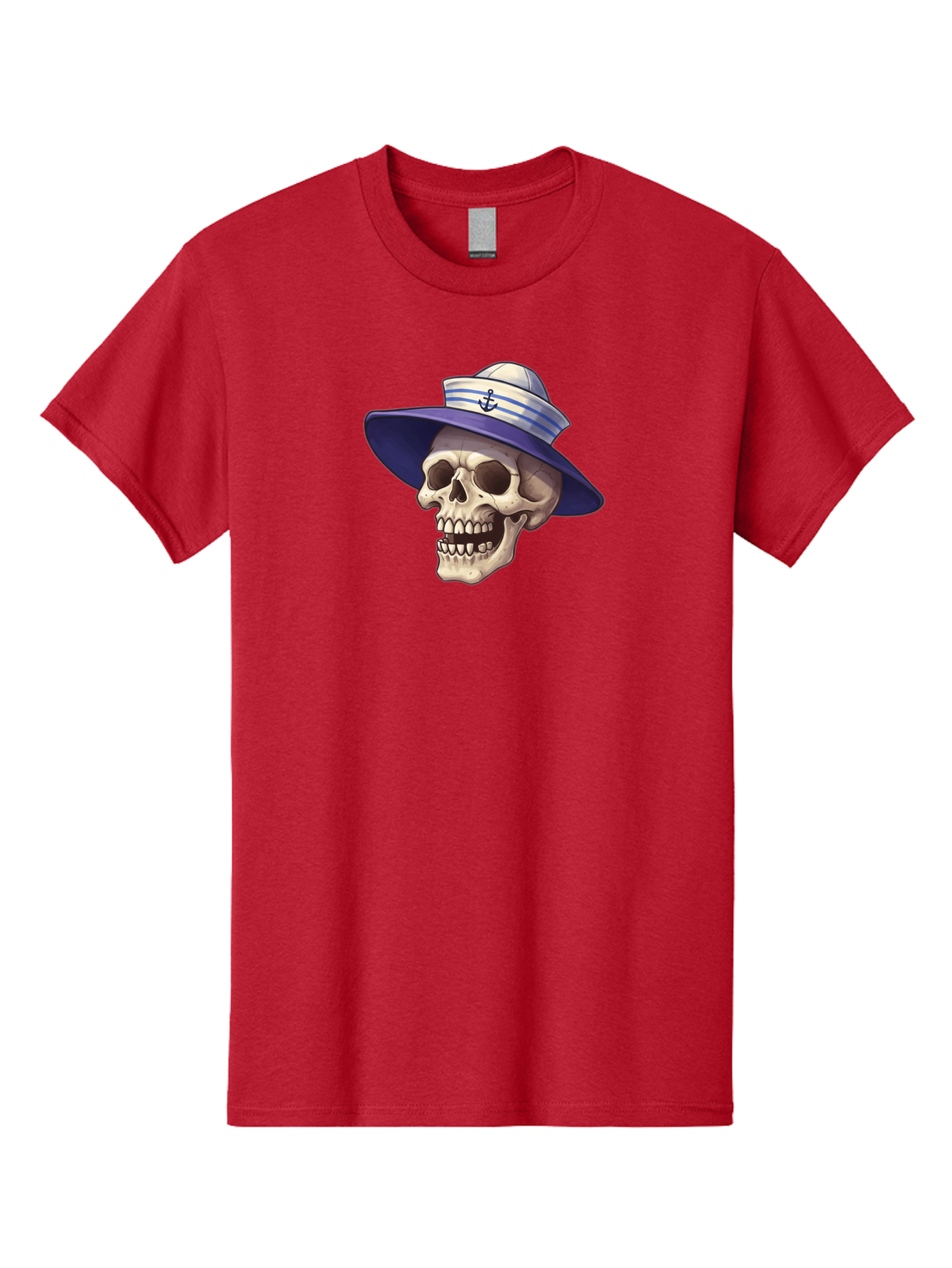 Skull-With-Sun-Hat Men'S Graphic Tee, 100% Cotton, Comfortable Casual Summer Wear, Machine Washable, Skull Wearing Sailor Hat, Anchor Emblem, Nautical Theme, Cartoon Style, Human Skull, Sailor Hat With Blue Stripes Bae282
