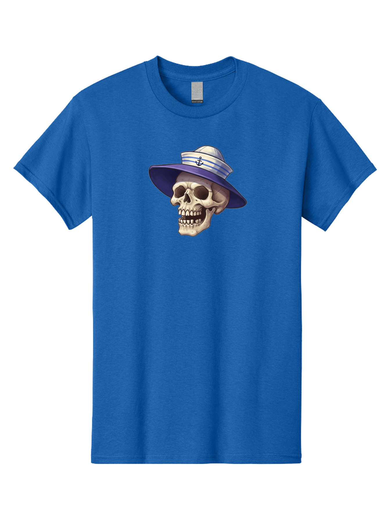Skull-With-Sun-Hat Men'S Graphic Tee, 100% Cotton, Comfortable Casual Summer Wear, Machine Washable, Skull Wearing Sailor Hat, Anchor Emblem, Nautical Theme, Cartoon Style, Human Skull, Sailor Hat With Blue Stripes Bae282