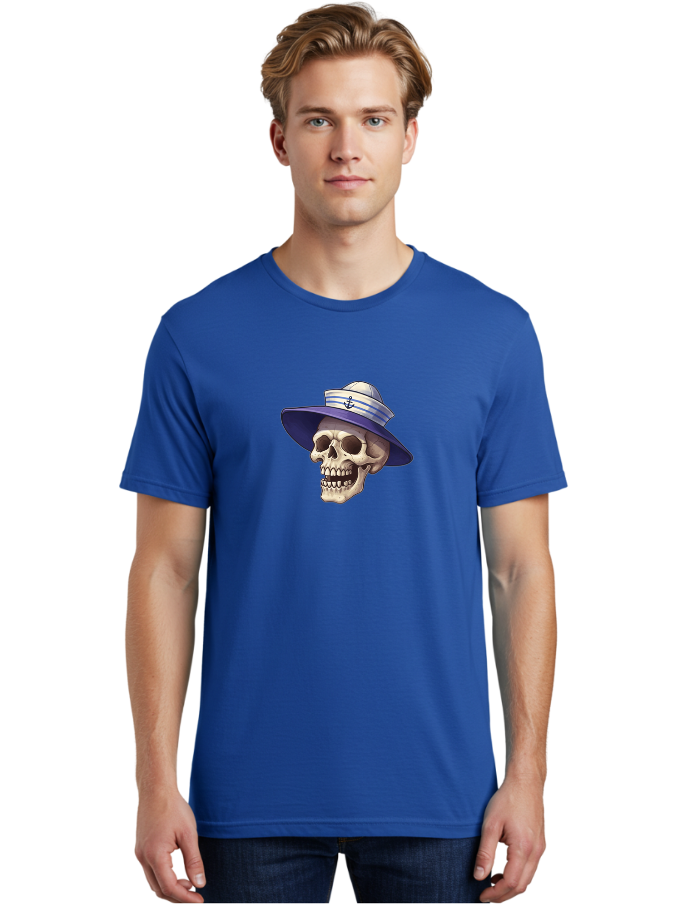 Skull-With-Sun-Hat Men'S Graphic Tee, 100% Cotton, Comfortable Casual Summer Wear, Machine Washable, Skull Wearing Sailor Hat, Anchor Emblem, Nautical Theme, Cartoon Style, Human Skull, Sailor Hat With Blue Stripes Bae282