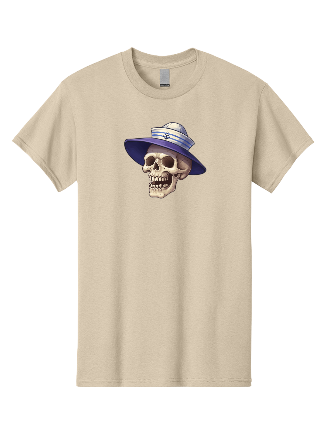 Skull-With-Sun-Hat Men'S Graphic Tee, 100% Cotton, Comfortable Casual Summer Wear, Machine Washable, Skull Wearing Sailor Hat, Anchor Emblem, Nautical Theme, Cartoon Style, Human Skull, Sailor Hat With Blue Stripes Bae282