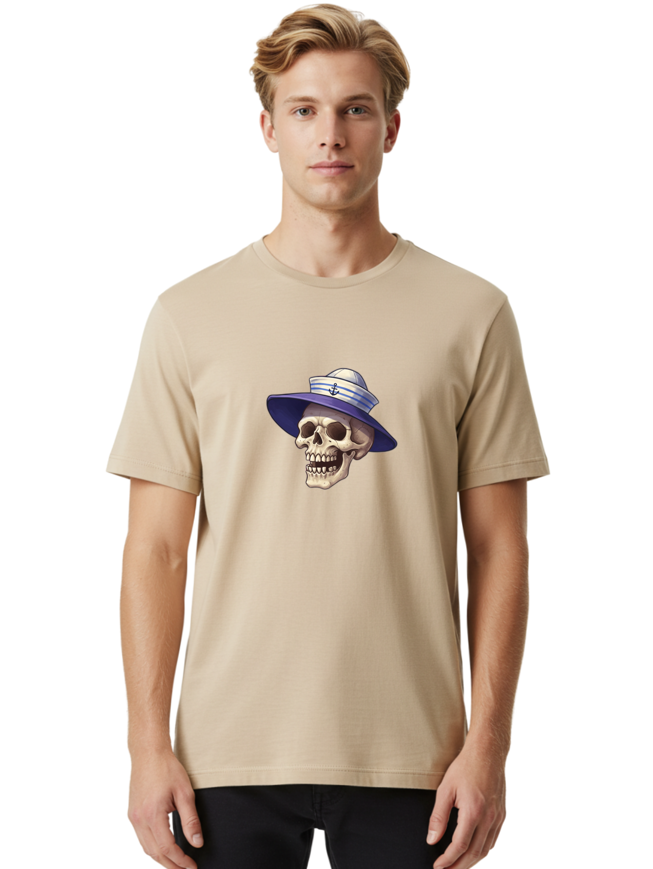Skull-With-Sun-Hat Men'S Graphic Tee, 100% Cotton, Comfortable Casual Summer Wear, Machine Washable, Skull Wearing Sailor Hat, Anchor Emblem, Nautical Theme, Cartoon Style, Human Skull, Sailor Hat With Blue Stripes Bae282