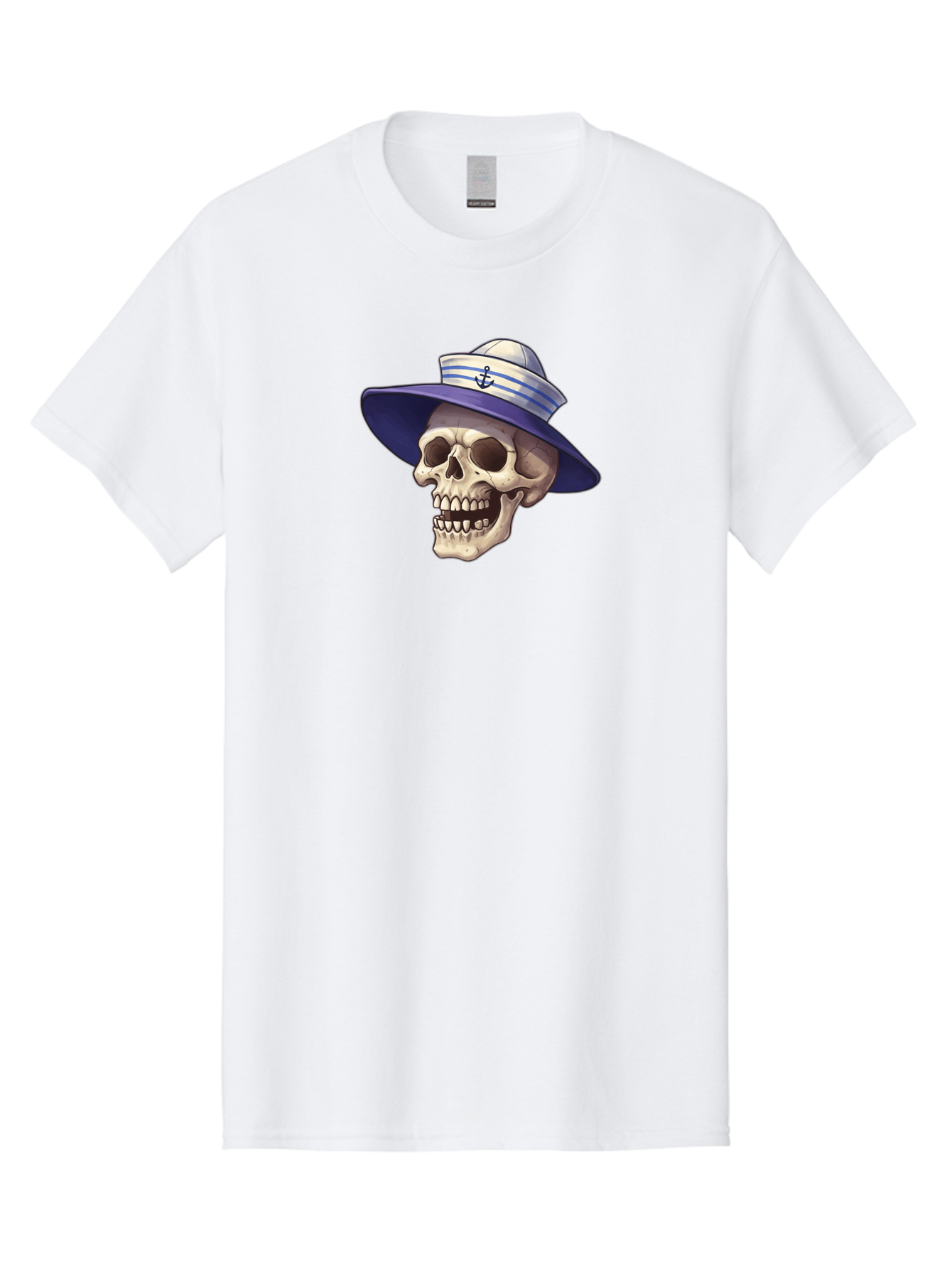 Skull-With-Sun-Hat Men'S Graphic Tee, 100% Cotton, Comfortable Casual Summer Wear, Machine Washable, Skull Wearing Sailor Hat, Anchor Emblem, Nautical Theme, Cartoon Style, Human Skull, Sailor Hat With Blue Stripes Bae282