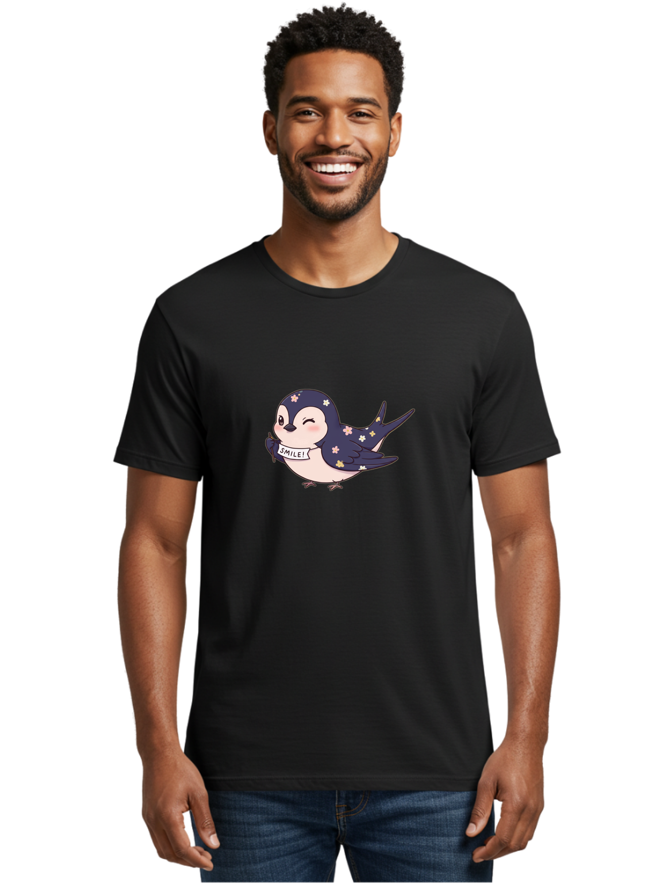 Smile-Bird Men'S Graphic Tee, 100% Cotton, Comfortable Casual Summer Wear, Machine Washable, Cute Cartoon Bird, Smiling Bird, Floral Pattern, Happy Vibes, Positivity, Cartoon Character, Kawaii Art, Adorable Illustration, Cheerful Design, Bae283