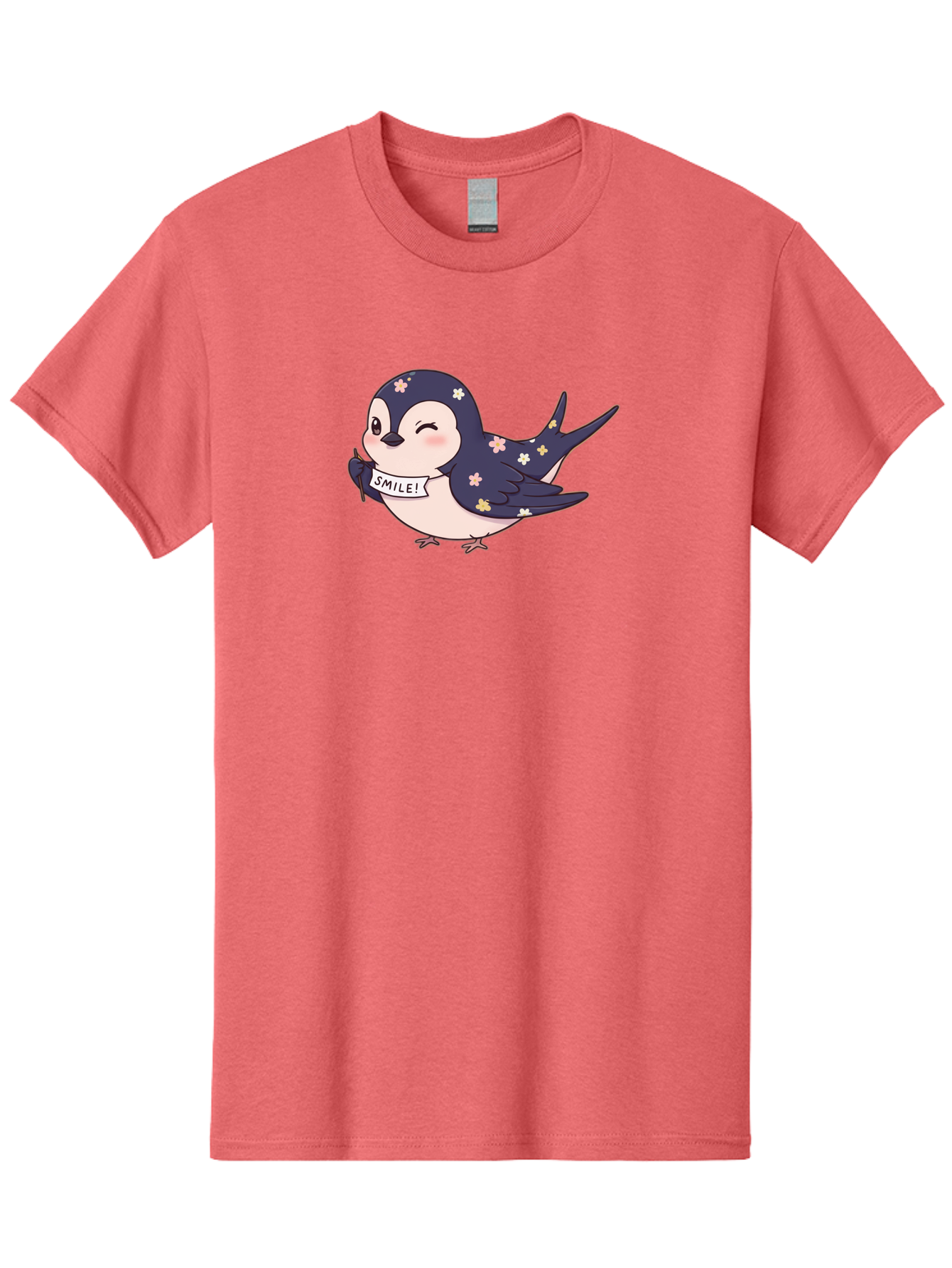 Smile-Bird Men'S Graphic Tee, 100% Cotton, Comfortable Casual Summer Wear, Machine Washable, Cute Cartoon Bird, Smiling Bird, Floral Pattern, Happy Vibes, Positivity, Cartoon Character, Kawaii Art, Adorable Illustration, Cheerful Design, Bae283