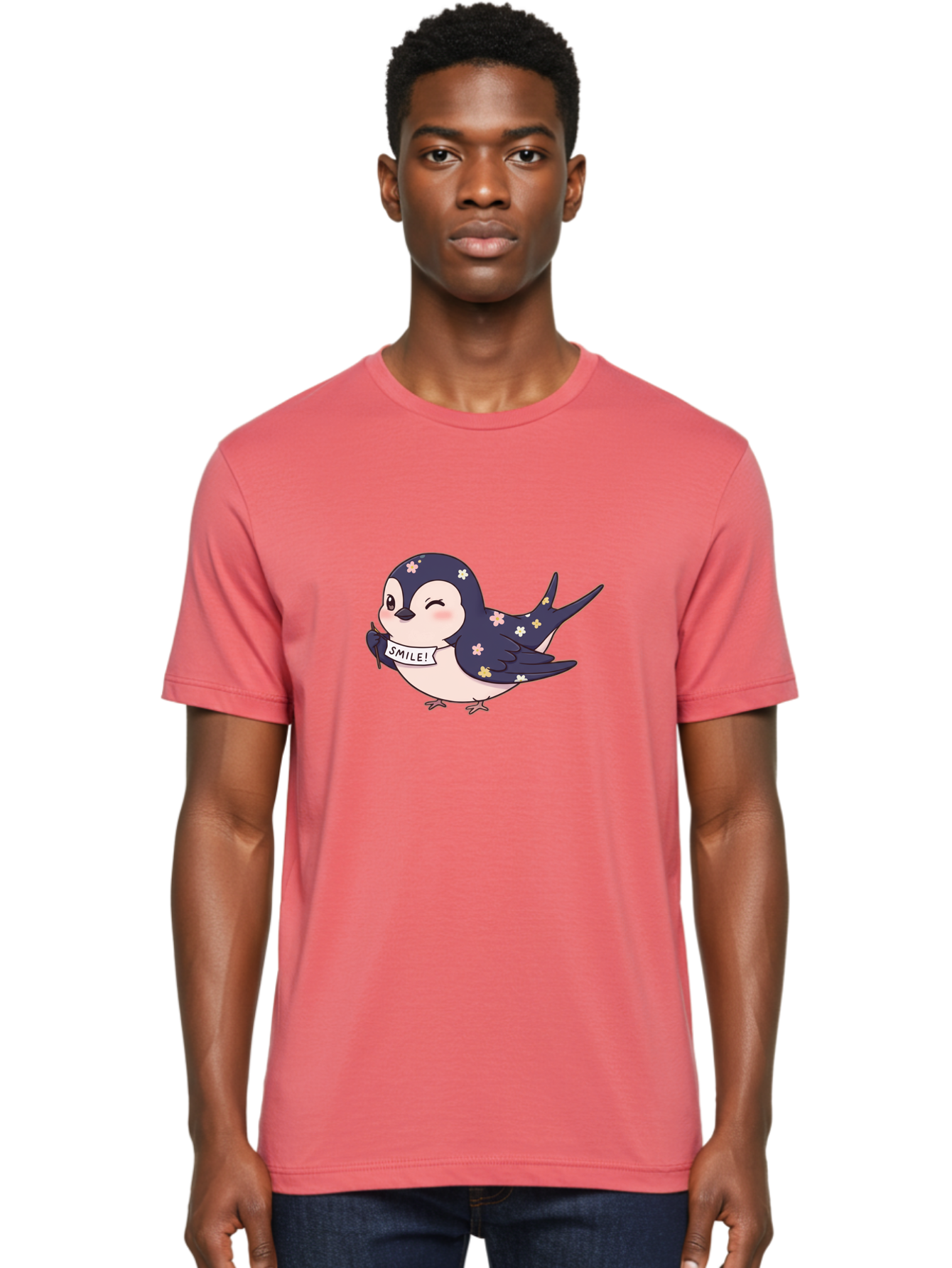 Smile-Bird Men'S Graphic Tee, 100% Cotton, Comfortable Casual Summer Wear, Machine Washable, Cute Cartoon Bird, Smiling Bird, Floral Pattern, Happy Vibes, Positivity, Cartoon Character, Kawaii Art, Adorable Illustration, Cheerful Design, Bae283