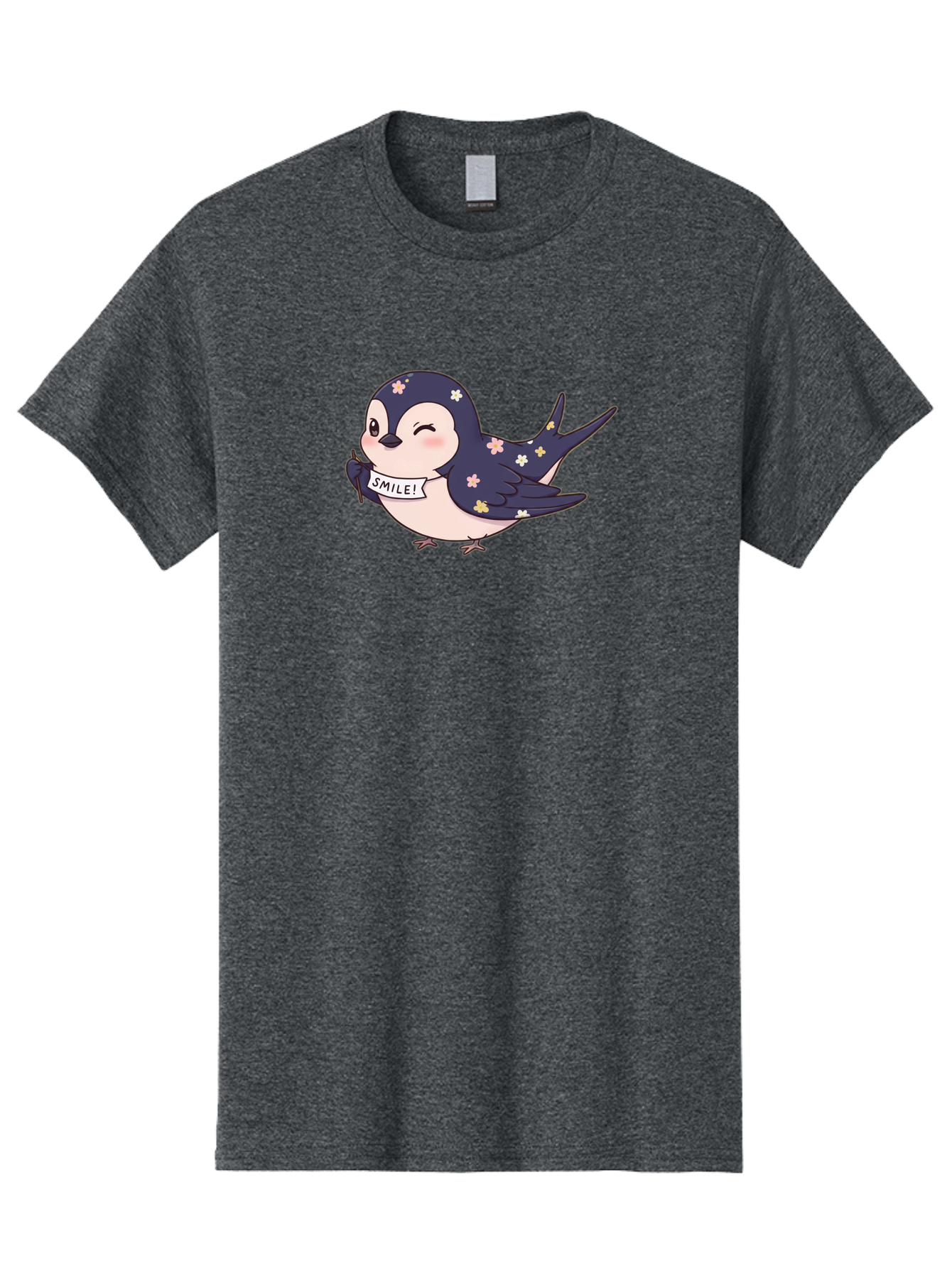 Smile-Bird Men'S Graphic Tee, 100% Cotton, Comfortable Casual Summer Wear, Machine Washable, Cute Cartoon Bird, Smiling Bird, Floral Pattern, Happy Vibes, Positivity, Cartoon Character, Kawaii Art, Adorable Illustration, Cheerful Design, Bae283