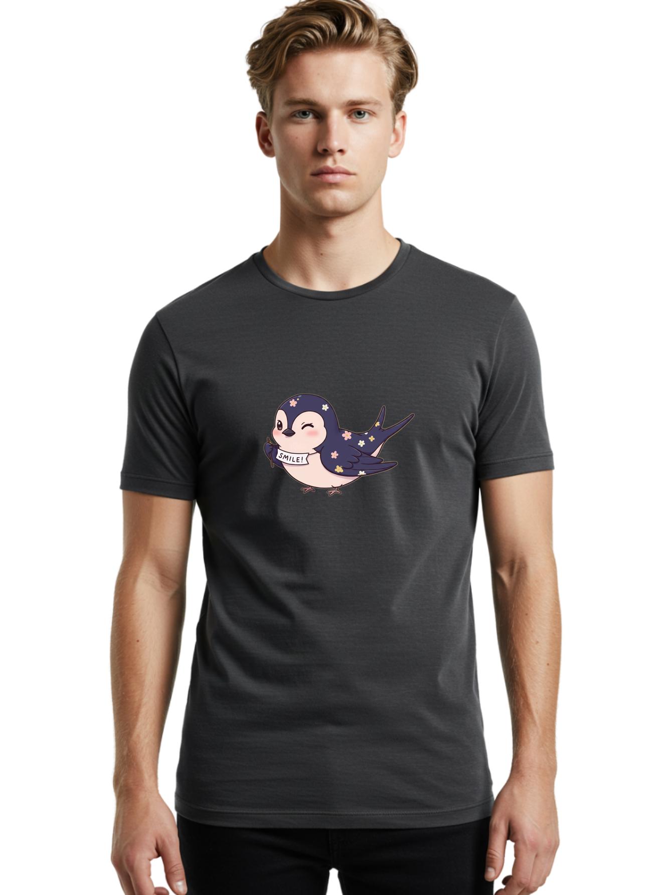 Smile-Bird Men'S Graphic Tee, 100% Cotton, Comfortable Casual Summer Wear, Machine Washable, Cute Cartoon Bird, Smiling Bird, Floral Pattern, Happy Vibes, Positivity, Cartoon Character, Kawaii Art, Adorable Illustration, Cheerful Design, Bae283