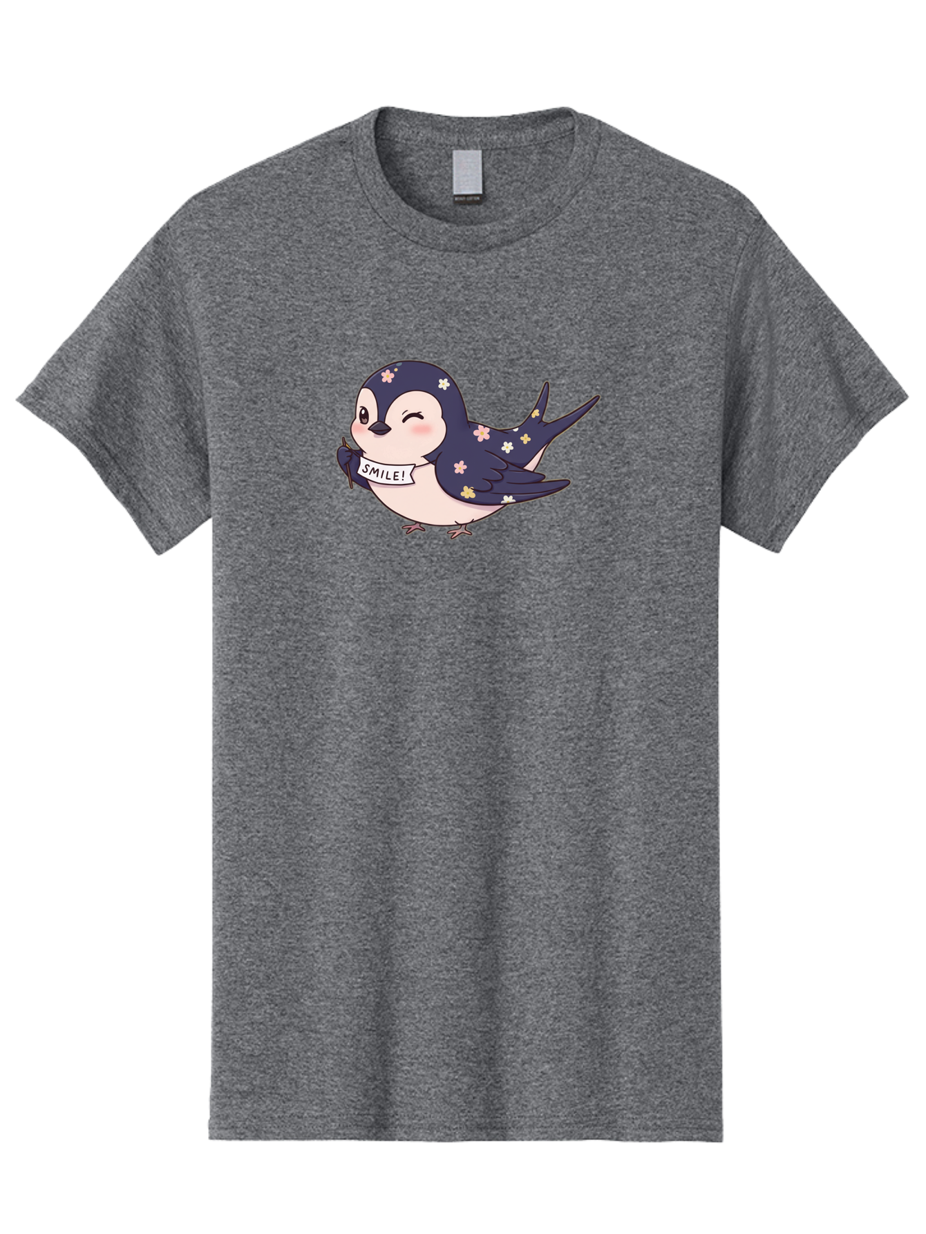 Smile-Bird Men'S Graphic Tee, 100% Cotton, Comfortable Casual Summer Wear, Machine Washable, Cute Cartoon Bird, Smiling Bird, Floral Pattern, Happy Vibes, Positivity, Cartoon Character, Kawaii Art, Adorable Illustration, Cheerful Design, Bae283