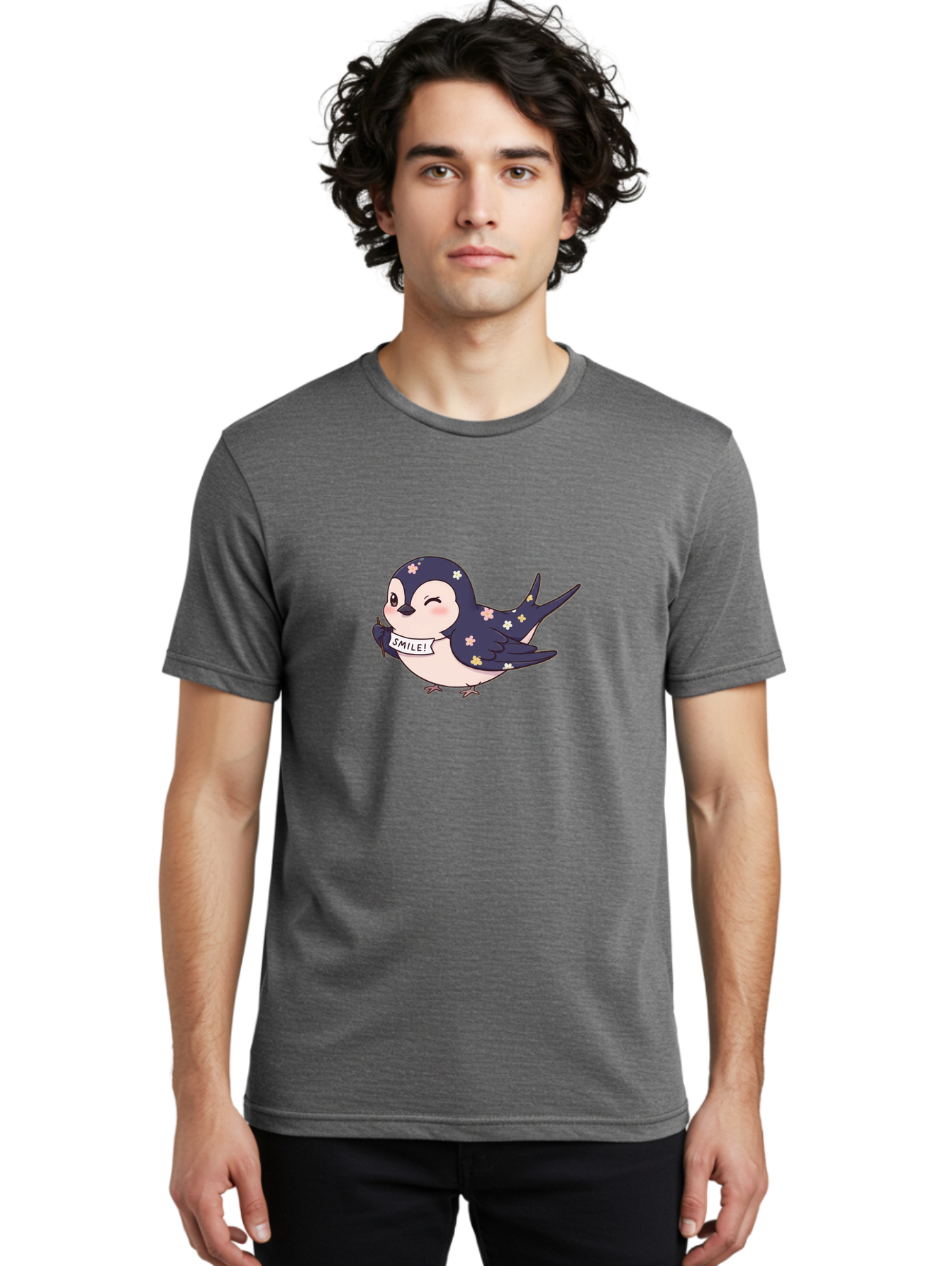 Smile-Bird Men'S Graphic Tee, 100% Cotton, Comfortable Casual Summer Wear, Machine Washable, Cute Cartoon Bird, Smiling Bird, Floral Pattern, Happy Vibes, Positivity, Cartoon Character, Kawaii Art, Adorable Illustration, Cheerful Design, Bae283