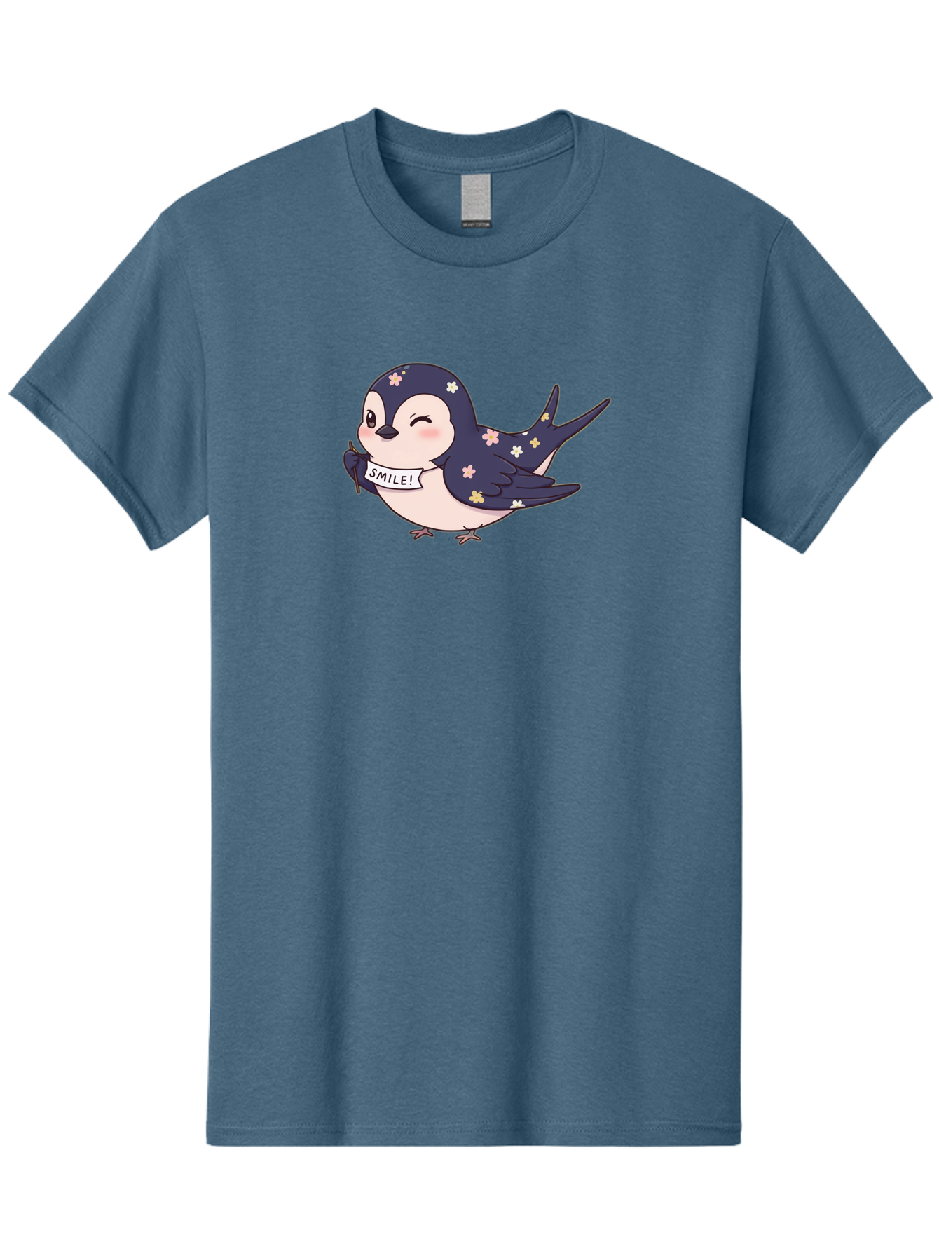 Smile-Bird Men'S Graphic Tee, 100% Cotton, Comfortable Casual Summer Wear, Machine Washable, Cute Cartoon Bird, Smiling Bird, Floral Pattern, Happy Vibes, Positivity, Cartoon Character, Kawaii Art, Adorable Illustration, Cheerful Design, Bae283