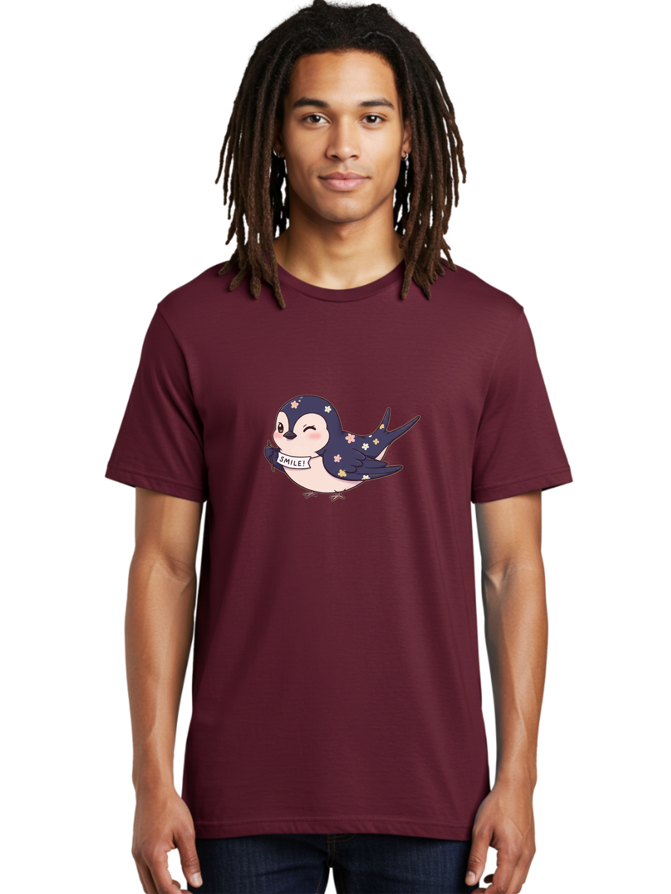 Smile-Bird Men'S Graphic Tee, 100% Cotton, Comfortable Casual Summer Wear, Machine Washable, Cute Cartoon Bird, Smiling Bird, Floral Pattern, Happy Vibes, Positivity, Cartoon Character, Kawaii Art, Adorable Illustration, Cheerful Design, Bae283