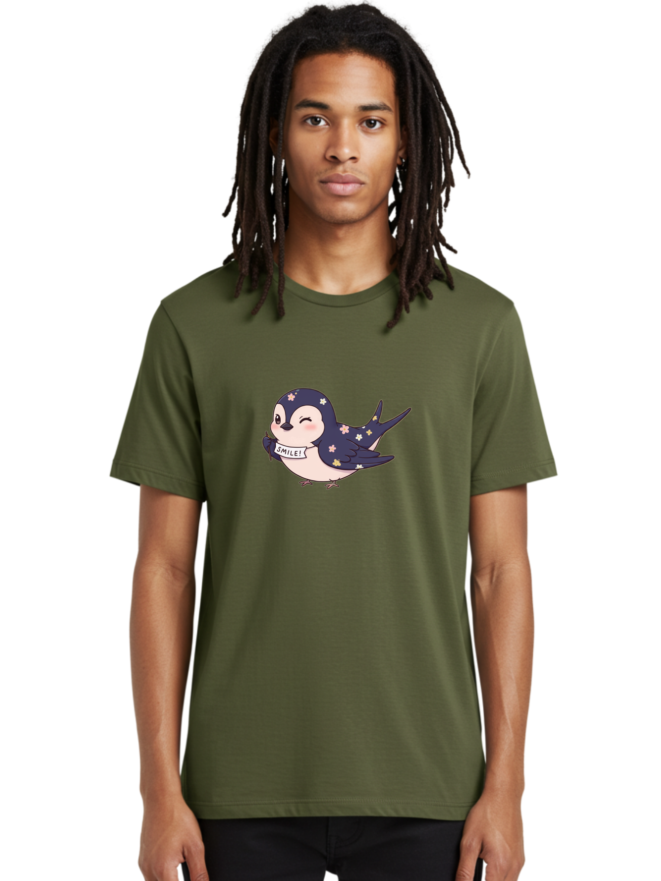 Smile-Bird Men'S Graphic Tee, 100% Cotton, Comfortable Casual Summer Wear, Machine Washable, Cute Cartoon Bird, Smiling Bird, Floral Pattern, Happy Vibes, Positivity, Cartoon Character, Kawaii Art, Adorable Illustration, Cheerful Design, Bae283