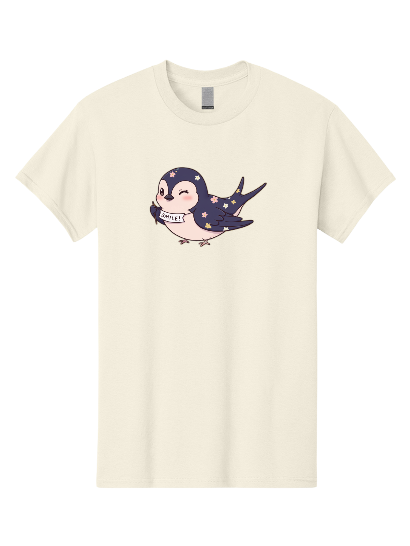 Smile-Bird Men'S Graphic Tee, 100% Cotton, Comfortable Casual Summer Wear, Machine Washable, Cute Cartoon Bird, Smiling Bird, Floral Pattern, Happy Vibes, Positivity, Cartoon Character, Kawaii Art, Adorable Illustration, Cheerful Design, Bae283