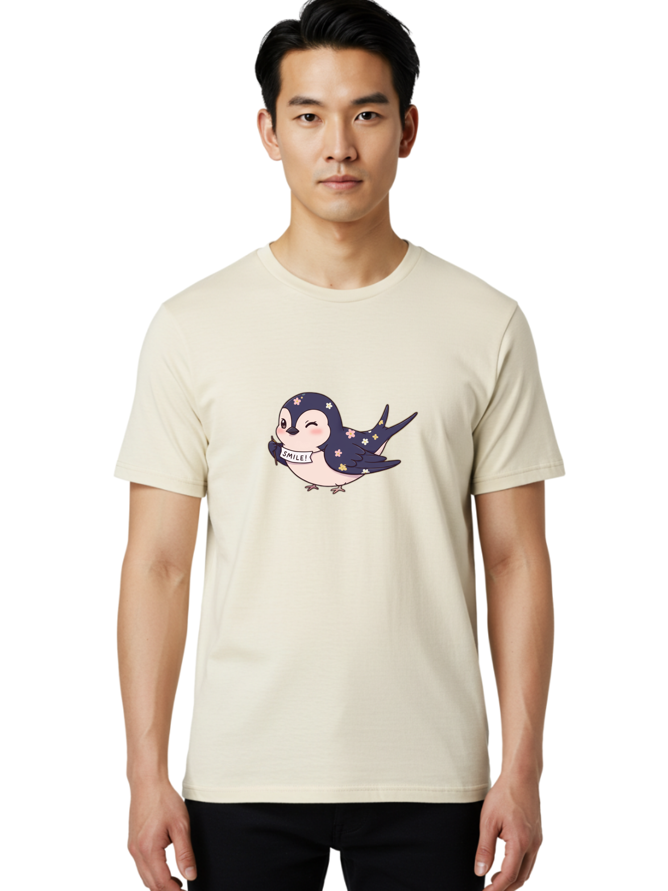Smile-Bird Men'S Graphic Tee, 100% Cotton, Comfortable Casual Summer Wear, Machine Washable, Cute Cartoon Bird, Smiling Bird, Floral Pattern, Happy Vibes, Positivity, Cartoon Character, Kawaii Art, Adorable Illustration, Cheerful Design, Bae283