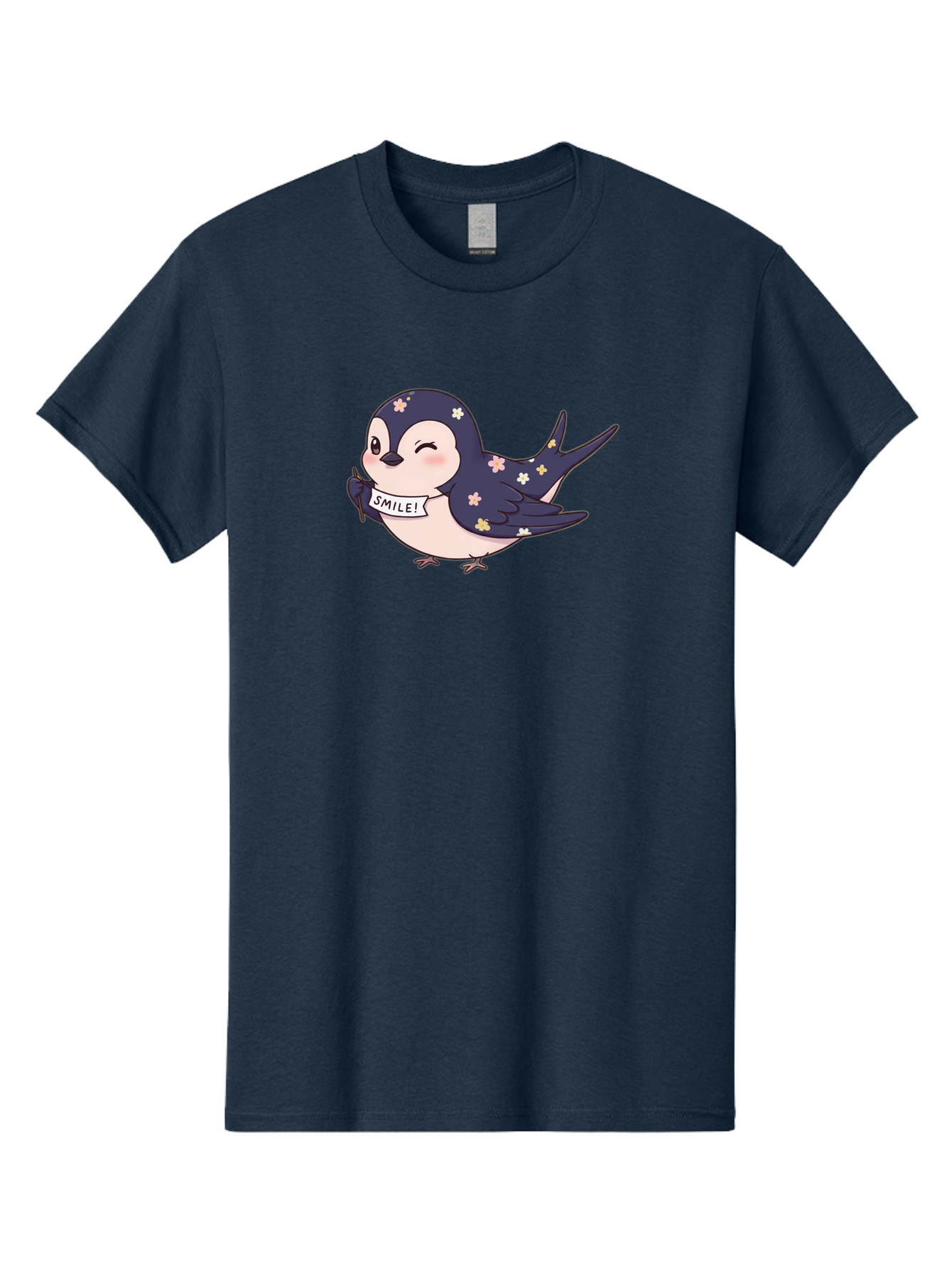 Smile-Bird Men'S Graphic Tee, 100% Cotton, Comfortable Casual Summer Wear, Machine Washable, Cute Cartoon Bird, Smiling Bird, Floral Pattern, Happy Vibes, Positivity, Cartoon Character, Kawaii Art, Adorable Illustration, Cheerful Design, Bae283