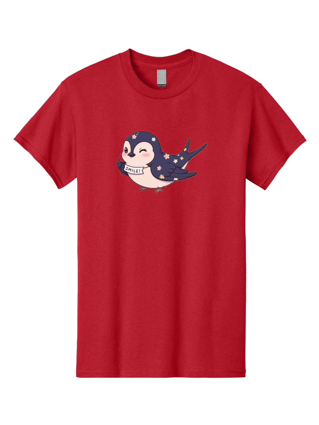 Smile-Bird Men'S Graphic Tee, 100% Cotton, Comfortable Casual Summer Wear, Machine Washable, Cute Cartoon Bird, Smiling Bird, Floral Pattern, Happy Vibes, Positivity, Cartoon Character, Kawaii Art, Adorable Illustration, Cheerful Design, Bae283