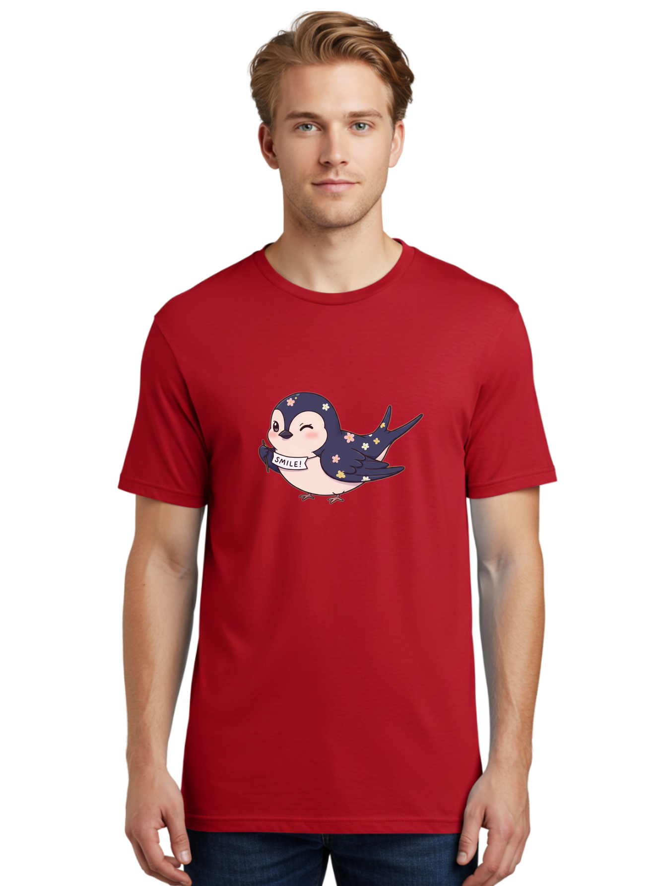 Smile-Bird Men'S Graphic Tee, 100% Cotton, Comfortable Casual Summer Wear, Machine Washable, Cute Cartoon Bird, Smiling Bird, Floral Pattern, Happy Vibes, Positivity, Cartoon Character, Kawaii Art, Adorable Illustration, Cheerful Design, Bae283