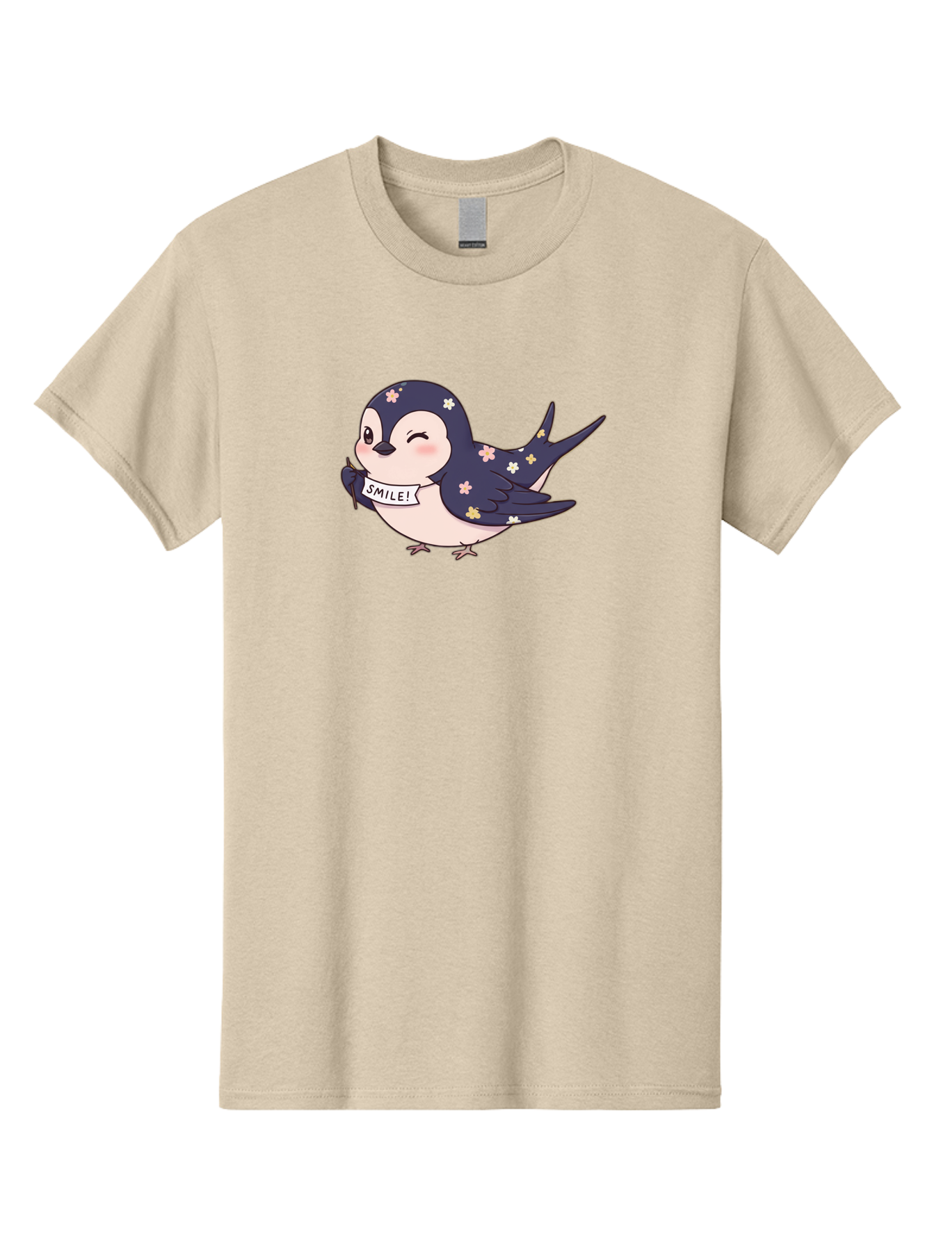 Smile-Bird Men'S Graphic Tee, 100% Cotton, Comfortable Casual Summer Wear, Machine Washable, Cute Cartoon Bird, Smiling Bird, Floral Pattern, Happy Vibes, Positivity, Cartoon Character, Kawaii Art, Adorable Illustration, Cheerful Design, Bae283