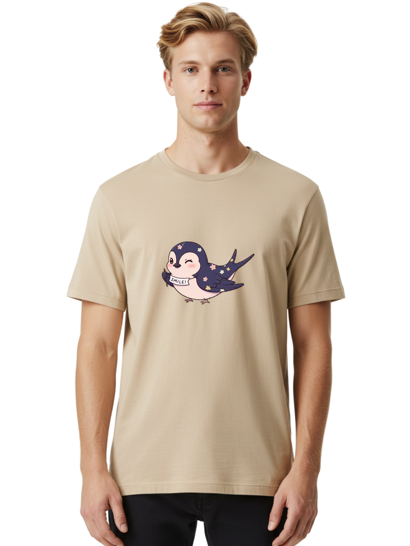 Smile-Bird Men'S Graphic Tee, 100% Cotton, Comfortable Casual Summer Wear, Machine Washable, Cute Cartoon Bird, Smiling Bird, Floral Pattern, Happy Vibes, Positivity, Cartoon Character, Kawaii Art, Adorable Illustration, Cheerful Design, Bae283