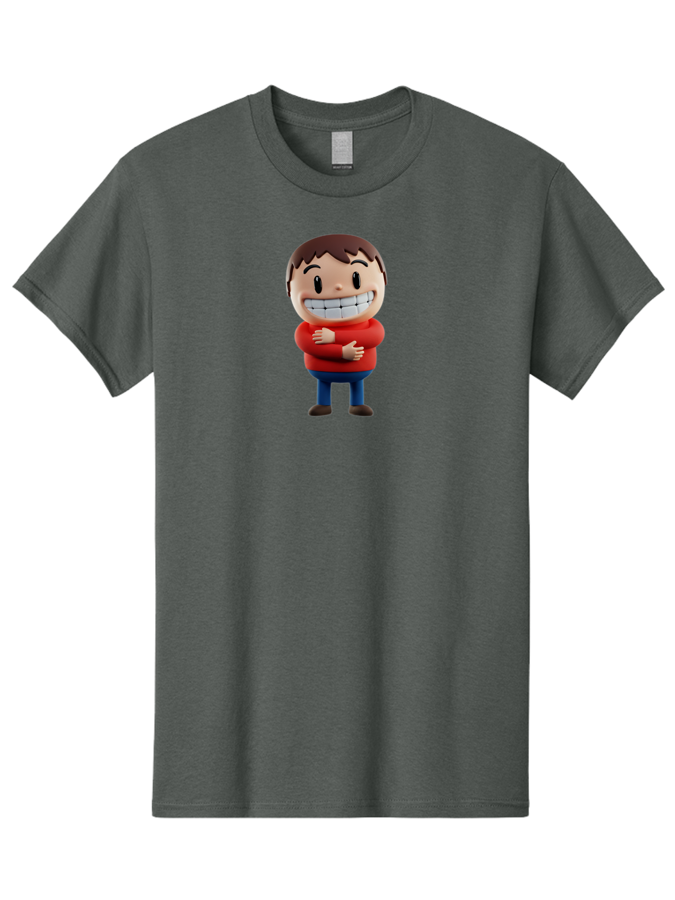 Smiling-Cartoon-Boy Men'S Graphic Tee, 100% Cotton, Comfortable Casual Summer Wear, Machine Washable, Happy Cartoon Character, Smiling Boy, Red Shirt, Blue Jeans, Brown Shoes, Charming Personality, Friendly Gesture, 3D Illustration, Bae285