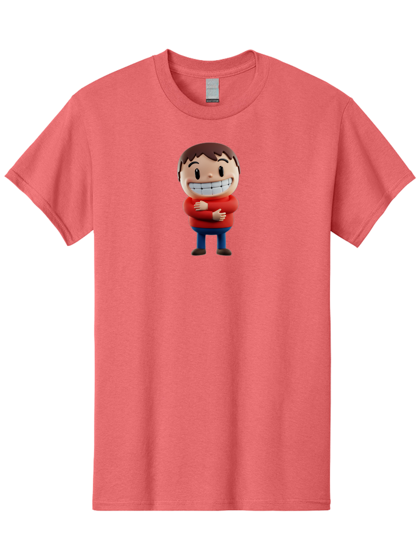 Smiling-Cartoon-Boy Men'S Graphic Tee, 100% Cotton, Comfortable Casual Summer Wear, Machine Washable, Happy Cartoon Character, Smiling Boy, Red Shirt, Blue Jeans, Brown Shoes, Charming Personality, Friendly Gesture, 3D Illustration, Bae285