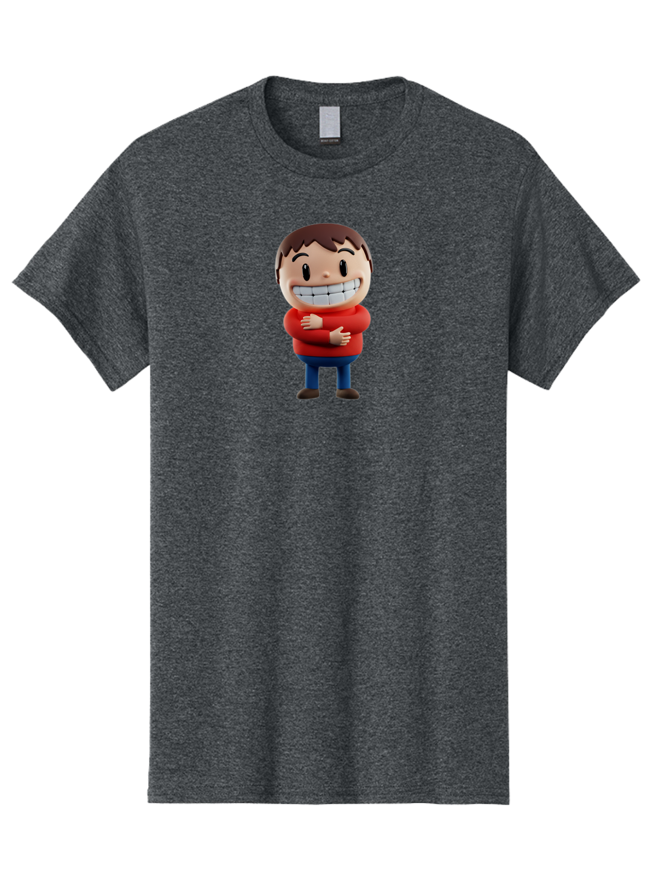 Smiling-Cartoon-Boy Men'S Graphic Tee, 100% Cotton, Comfortable Casual Summer Wear, Machine Washable, Happy Cartoon Character, Smiling Boy, Red Shirt, Blue Jeans, Brown Shoes, Charming Personality, Friendly Gesture, 3D Illustration, Bae285