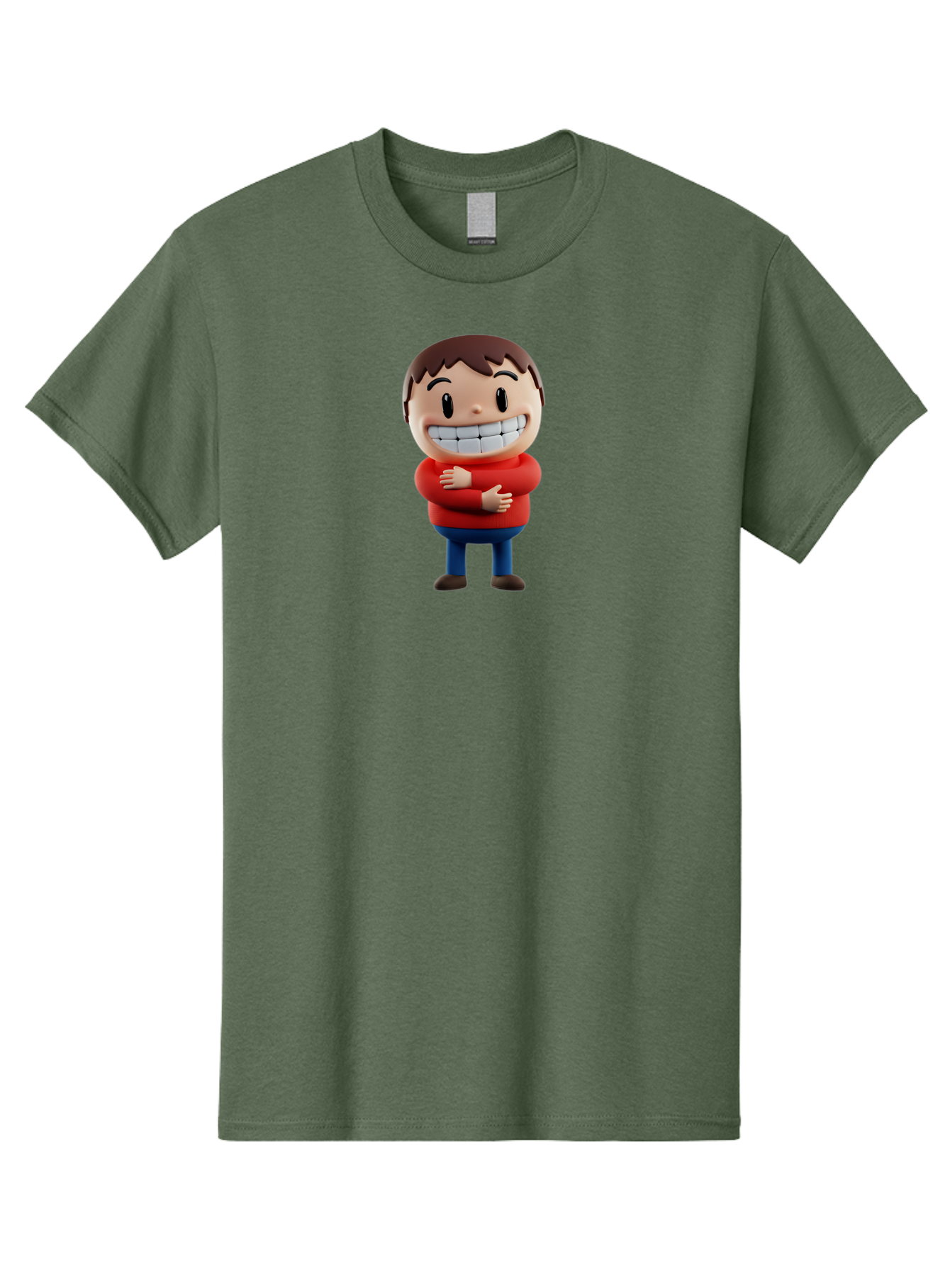 Smiling-Cartoon-Boy Men'S Graphic Tee, 100% Cotton, Comfortable Casual Summer Wear, Machine Washable, Happy Cartoon Character, Smiling Boy, Red Shirt, Blue Jeans, Brown Shoes, Charming Personality, Friendly Gesture, 3D Illustration, Bae285