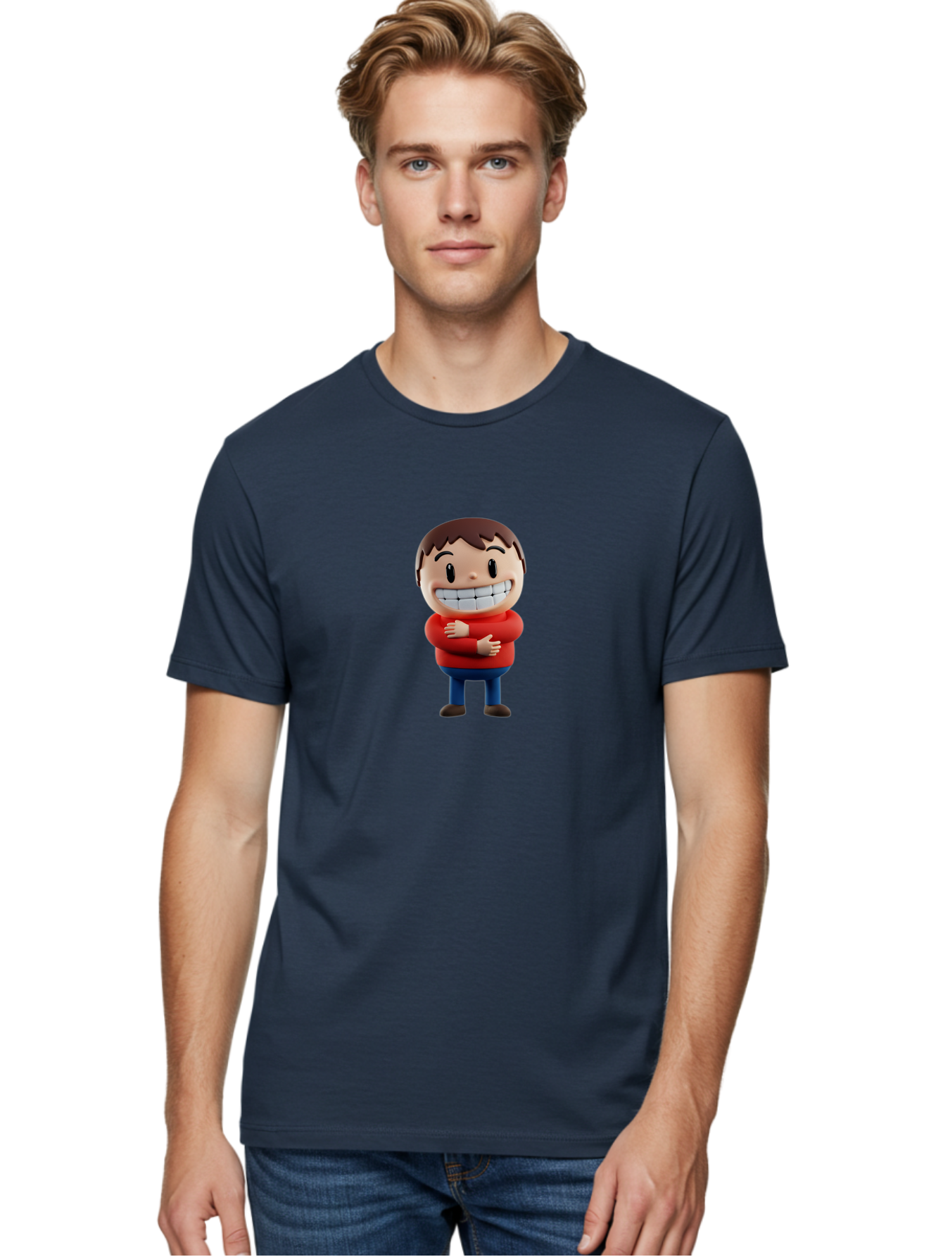 Smiling-Cartoon-Boy Men'S Graphic Tee, 100% Cotton, Comfortable Casual Summer Wear, Machine Washable, Happy Cartoon Character, Smiling Boy, Red Shirt, Blue Jeans, Brown Shoes, Charming Personality, Friendly Gesture, 3D Illustration, Bae285