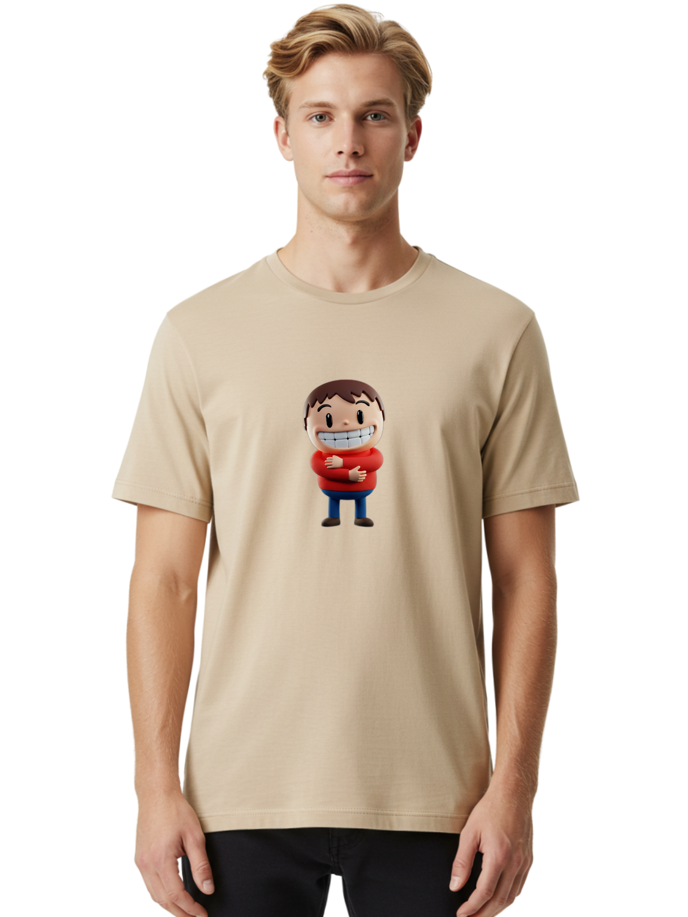 Smiling-Cartoon-Boy Men'S Graphic Tee, 100% Cotton, Comfortable Casual Summer Wear, Machine Washable, Happy Cartoon Character, Smiling Boy, Red Shirt, Blue Jeans, Brown Shoes, Charming Personality, Friendly Gesture, 3D Illustration, Bae285
