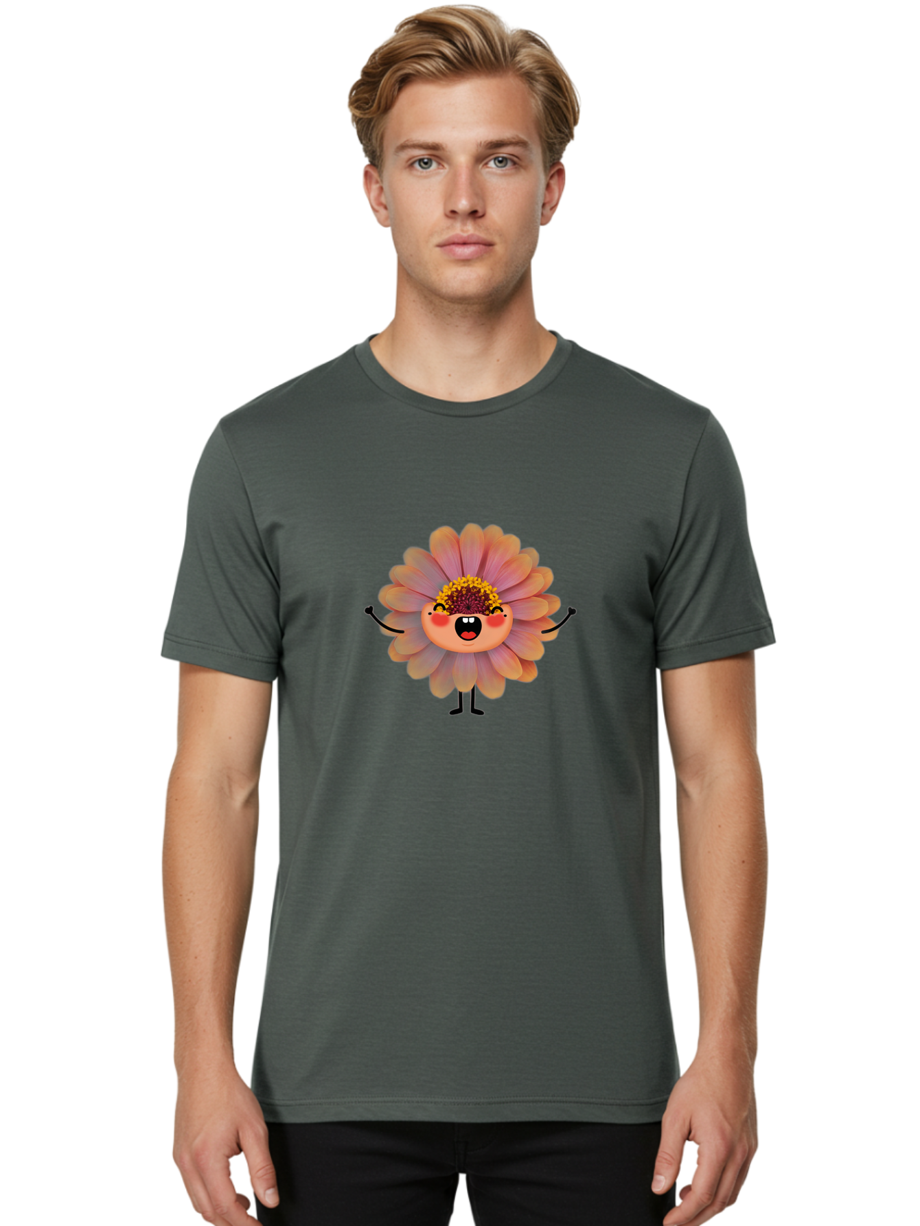 Smiling-Flower-Character Men'S Graphic Tee, 100% Cotton, Comfortable Casual Summer Wear, Machine Washable, Cartoon Flower, Anthropomorphic Flower, Smiling Face, Happy Expression, Colorful Petals, Pink And Green Hues, Whimsical Character, Bae286